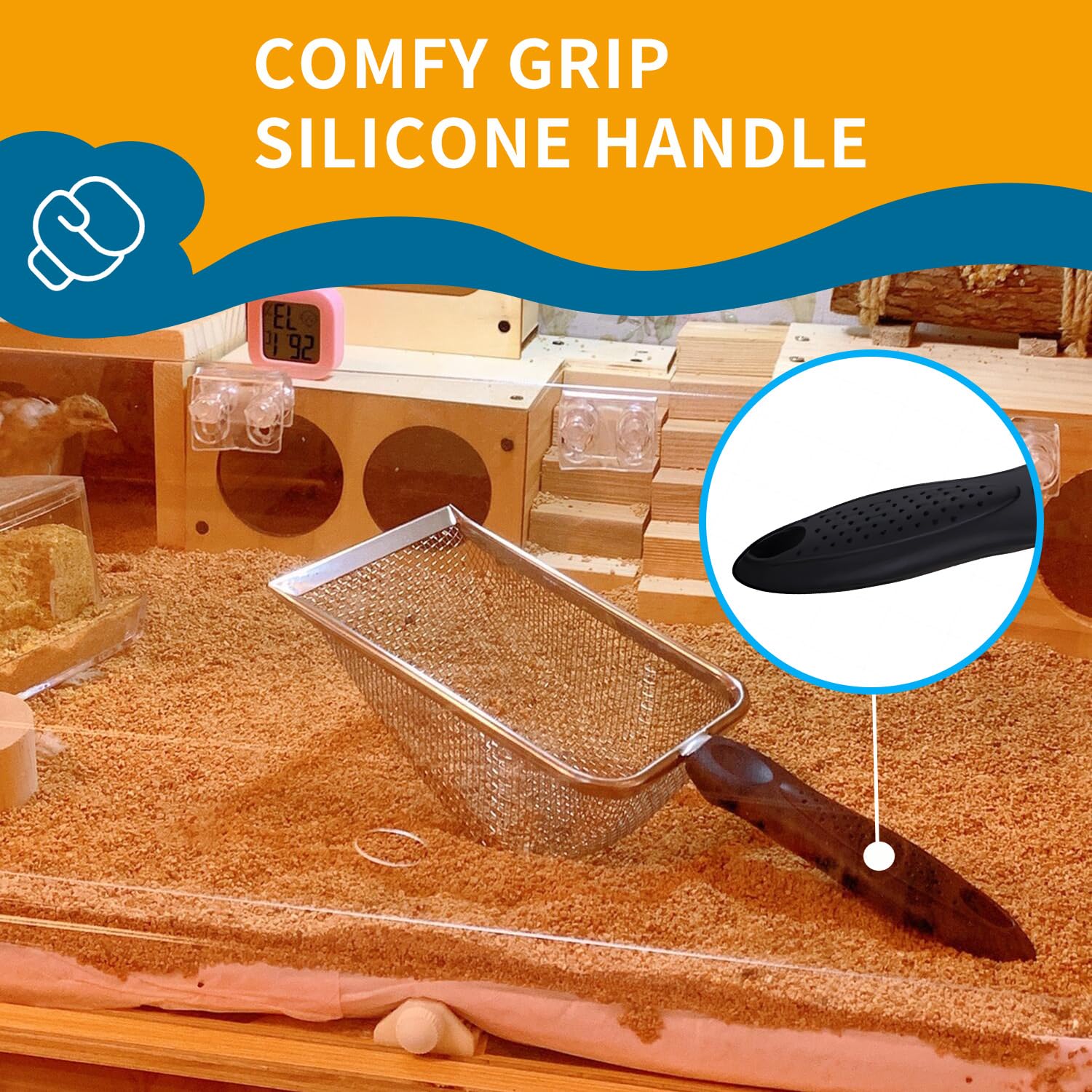 Firsal Cat Litter Scooper With Holder,Sturdy Litter Cleaner Corner Shovel,Stainless Steel Mesh Litter Scoop,Easy To Clean,Non-Sl