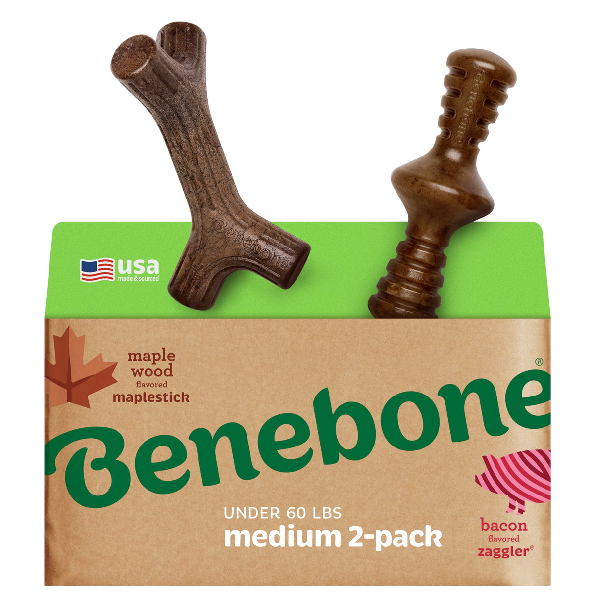 Benebone 2-Pack Maplestick/Zaggler Durable Dog Chew Toys, Real Maplewood, Real Bacon, Made In Usa Medium