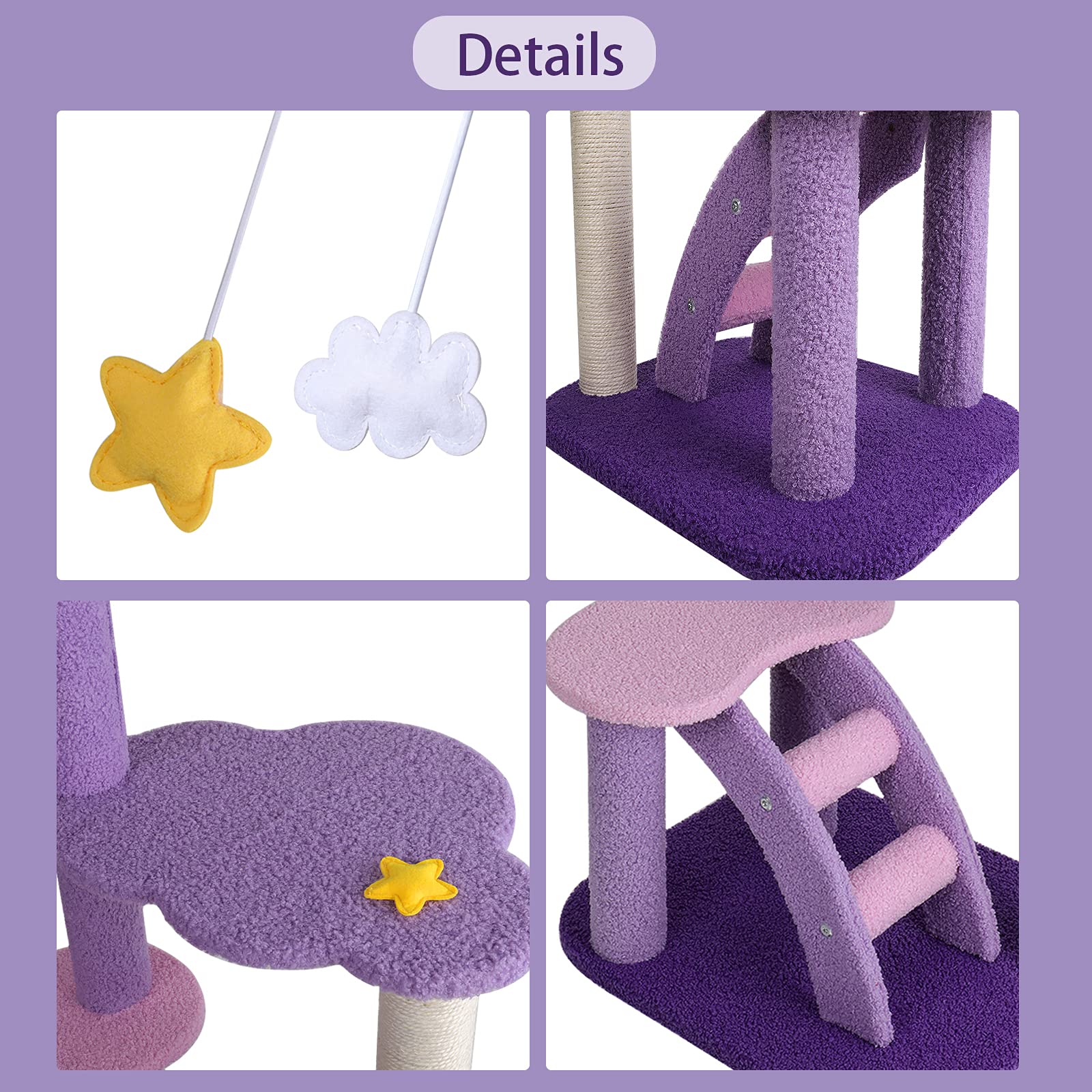 Lucky Monet 43 Inches Cat Tree Tower For Indoor Cats, 3-Layer Purple Cute Purple Pink Cat Tree Unique Cat Condo With Scratching