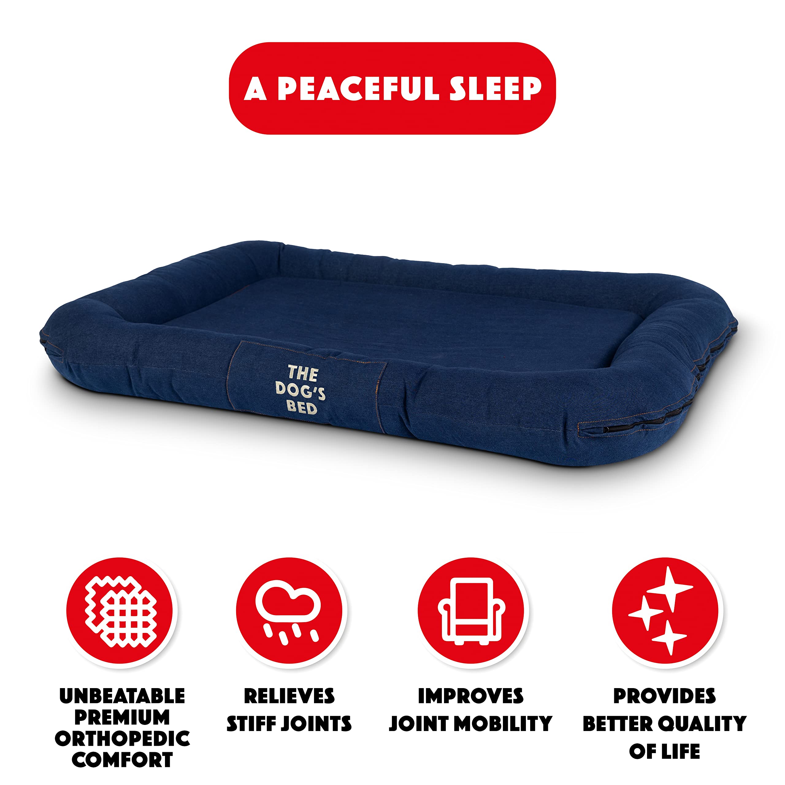 The Dog’S Bed Utility Waterproof Dog Bed, Xl Durable Blue Denim Fabric, Ykk Zippers, Washable Reversible Cover, Dog Beds For Home Car Crate & Yard, Puppy & All Pet Comfort