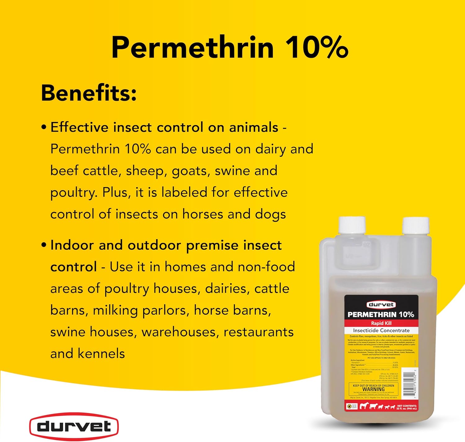 Durvet Permethrin EC 10% Concentrate, 32 oz - Effective Insecticide for Livestock and Pets