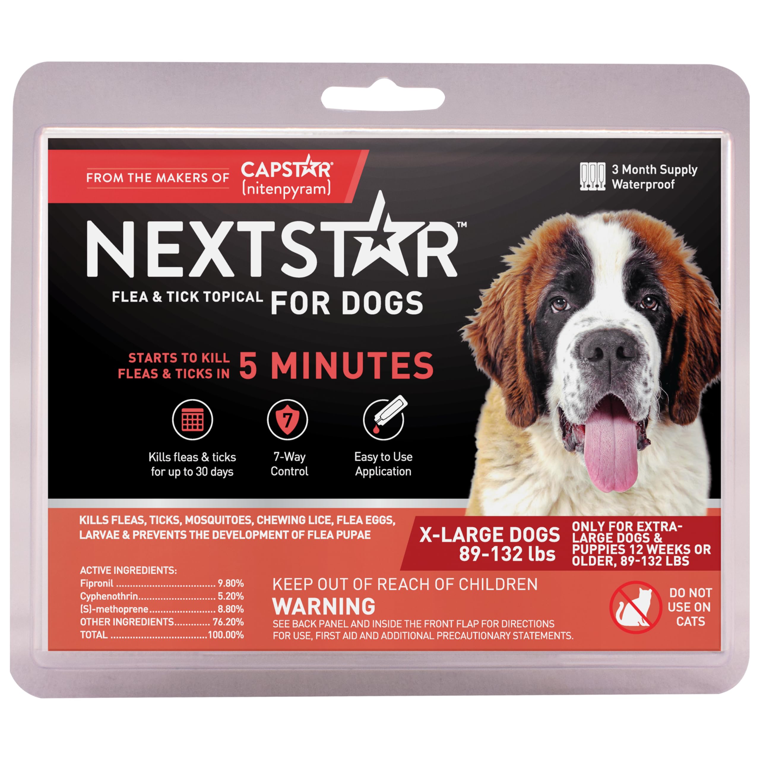 Nextstar Flea And Tick Prevention For Dogs, Dog Flea And Tick Treatment, Waterproof Topical, Fast Acting, Extra Large Dogs (89-132 Lbs), 3 Doses