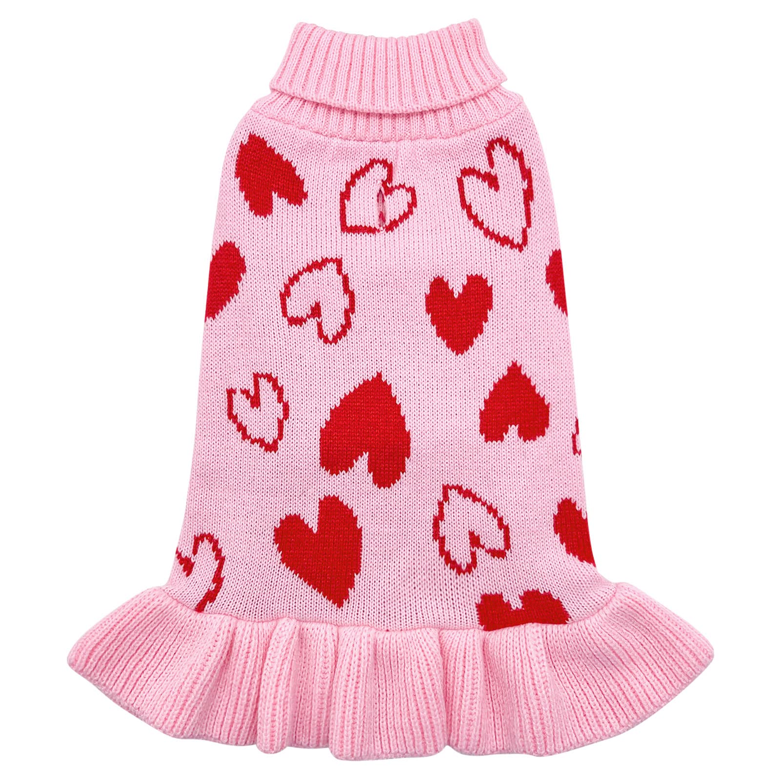 Cyeollo Valentines Day Dog Sweater Dress Dog Clothes Pullover Turtleneck With Leash Hole Heart Pattern Holiday Theme Female Pet Apparel For Small Dogs