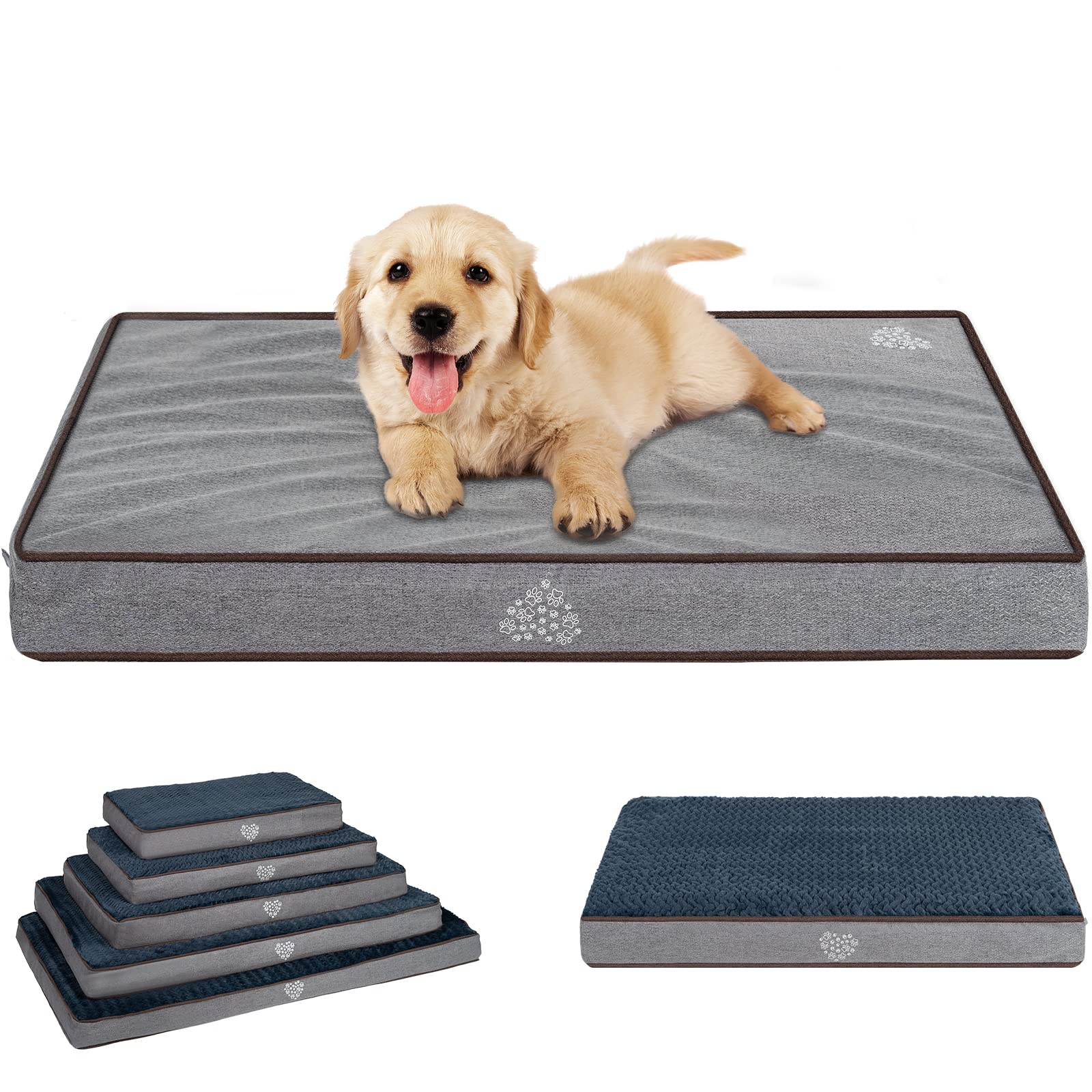 Vankean Dog Bed Soft Crate Pad Mat Reversible Cool & Warm, Washable Comfy Kennel Pad With Orthopedic Egg-Crate Foam For Small Medium Large Dogs, Water-Resistant Pet Bed, Gray/Dark Blue