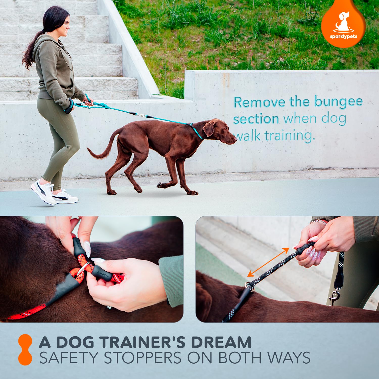 Sparklypets Multifunctional Bungee Hands Free Leash With Detachable Slip Lead - Crossbody & Waist Leash For Dog Walking, Medium