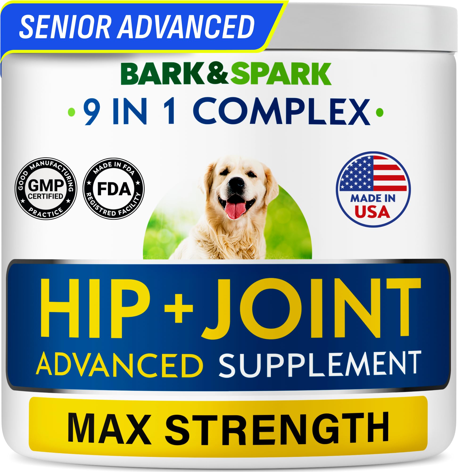 BARK&SPARK Senior Advanced Glucosamine Chondroitin for Dogs - Hip Joint Pain Relief - Old Dog Joint Chews Large & Small Breed - 