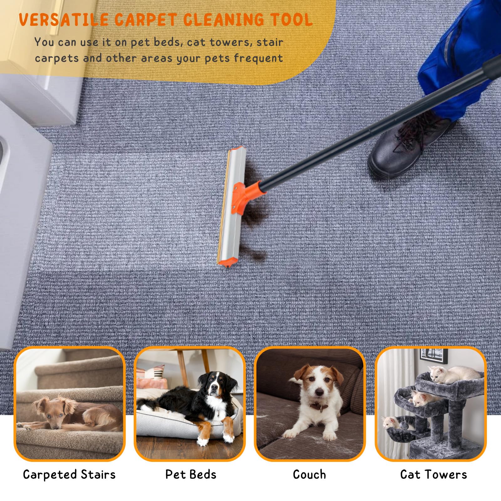 Carpet Rake For Pet Hair Removal, 57' Long Handle Dog And Cat Hair Remover Tool To Fluff Rug, Stair Carpets And Couch Cleaning