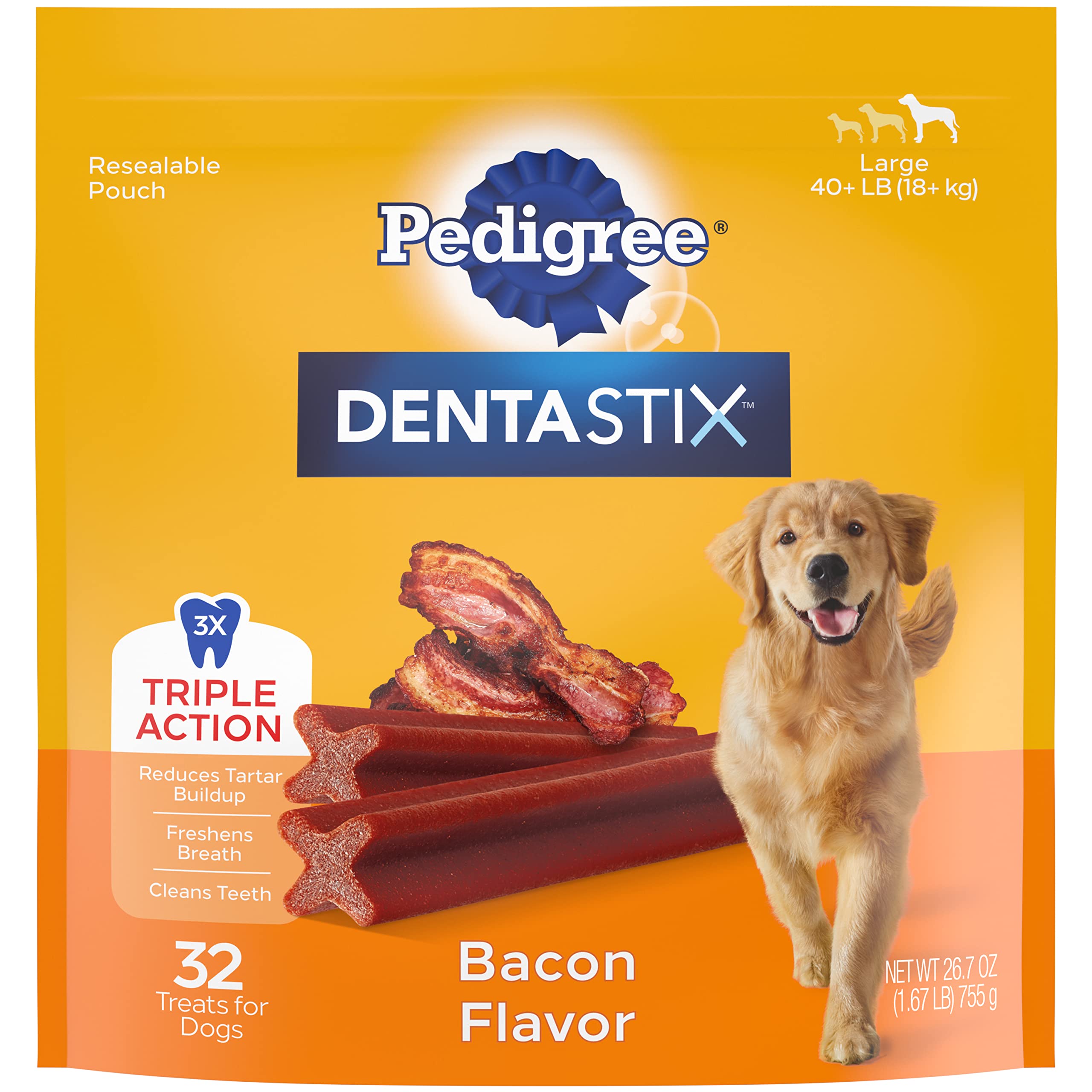 PEDIGREE DENTASTIX Large Dog Dental Treats Bacon Flavor Dental Bones, 1.67 lb. Pack (32 Treats)