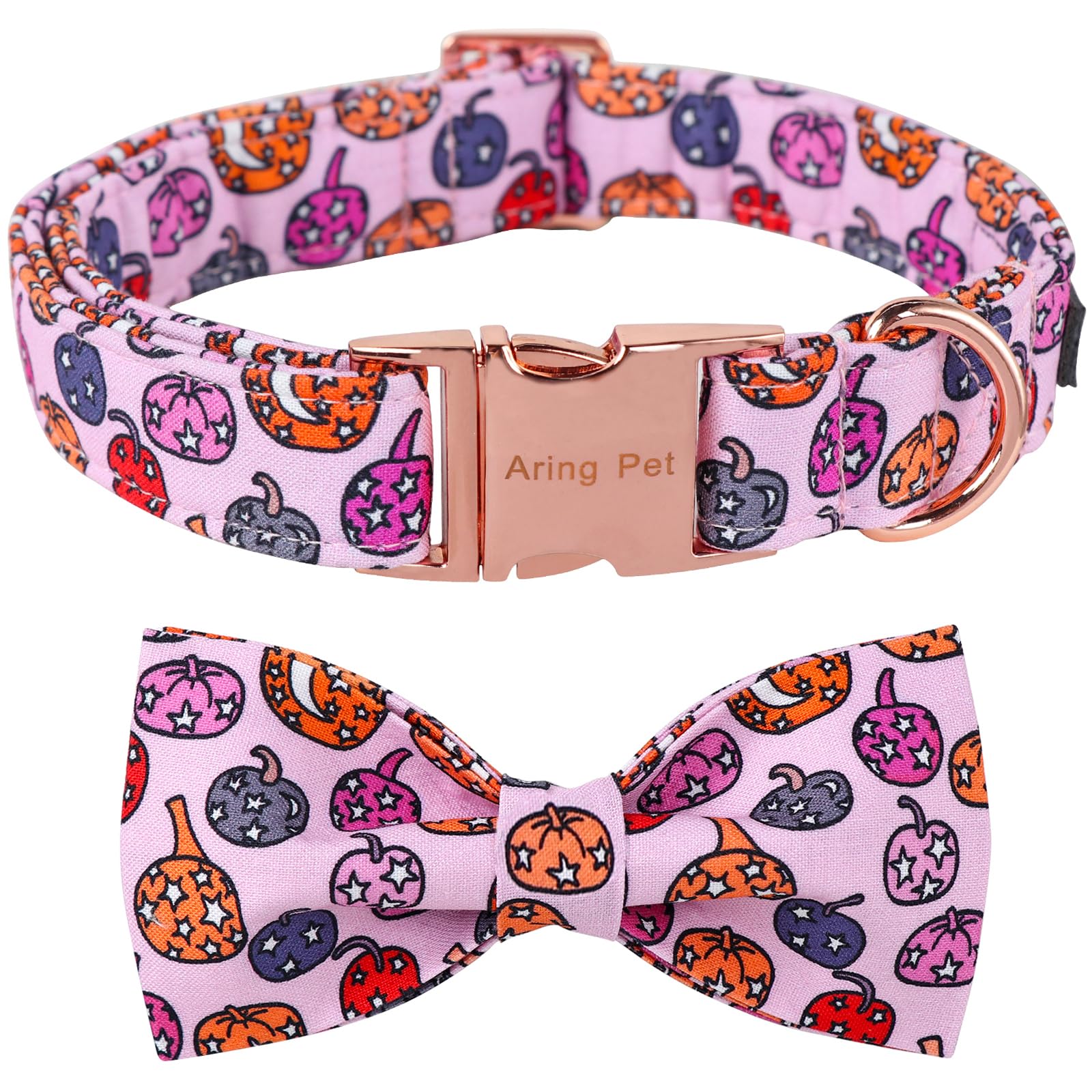 Aring Pet Halloween Dog Collar-Cute Pink Pumpkin Dog Collar With Bow, Cotton Halloween Pumpkin Lamp Dog Collar Bowtie With Metal Buckle