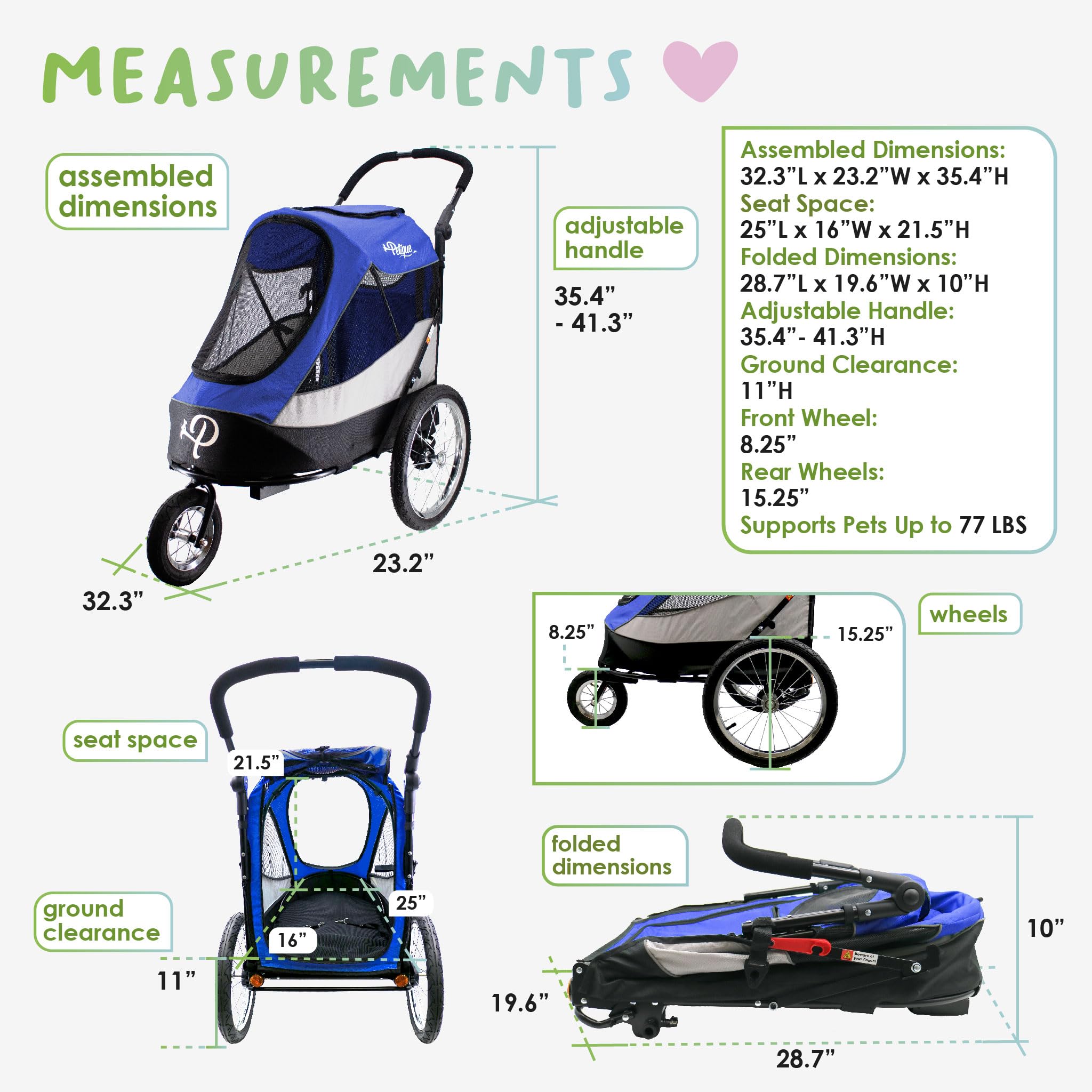 Petique Trailblazer Pet Jogger/Stroller, Bike Trailer, Shock Absorbing Bike Wheels, Large Entry Way, Peek-a-Boo Window, Small/Medium/Large Dogs, Cats and Pets, Supports up to 77LBS - Atlas (Blue) -Like New