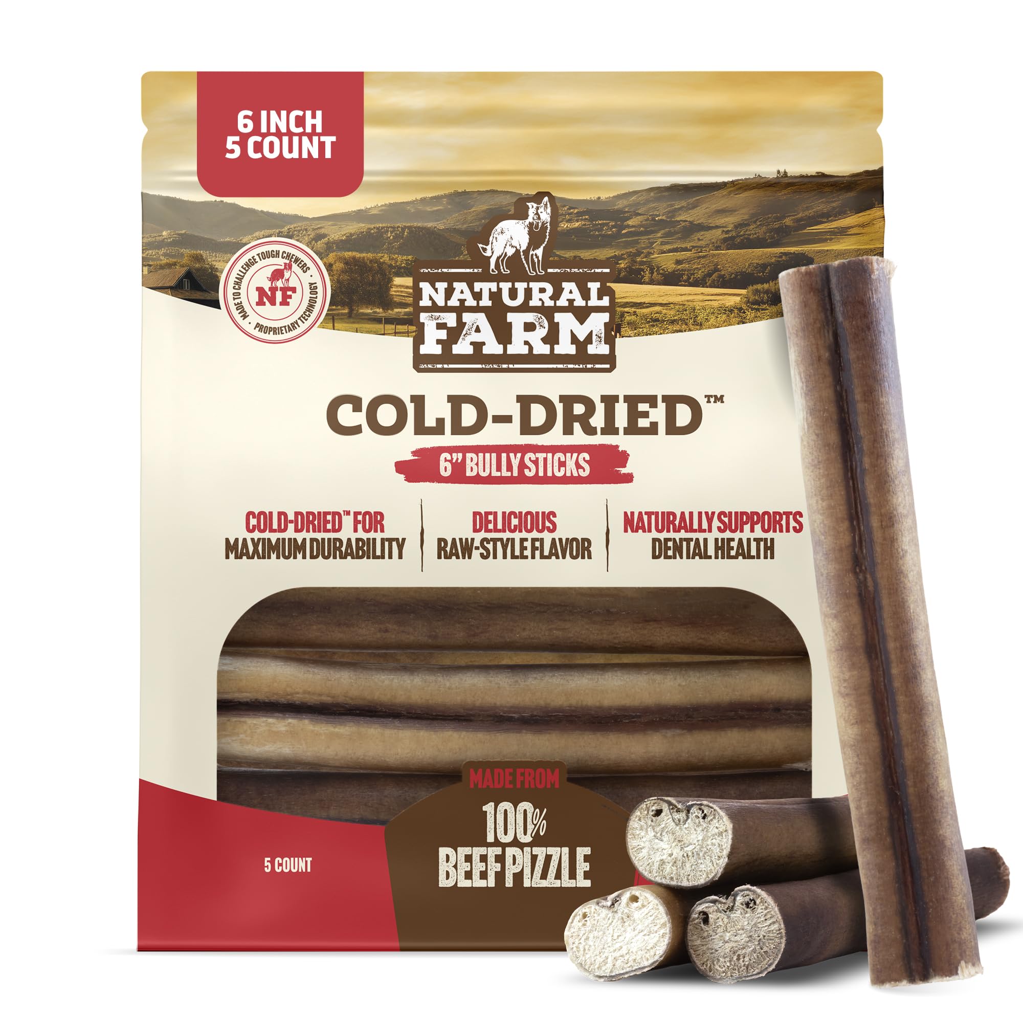 Natural Farm Cold-Dried Bully Sticks 6 Inch (5 Count) - Odor Free Longer Lasting High Protein Dog Chews - 100% Beef Pizzle, Sing