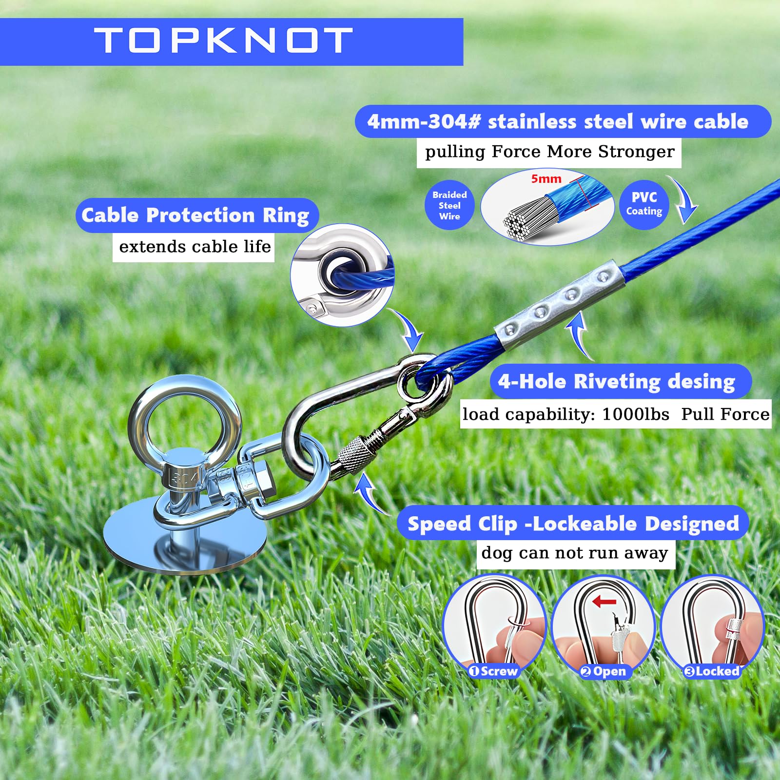 Topknot Dog Tie Out Cable And Stake,(Up To 200Lbs) 30 Ft Heavy Duty Cable,360Swivel Run- No Tangle,Runner For Yard,Ideal For Out