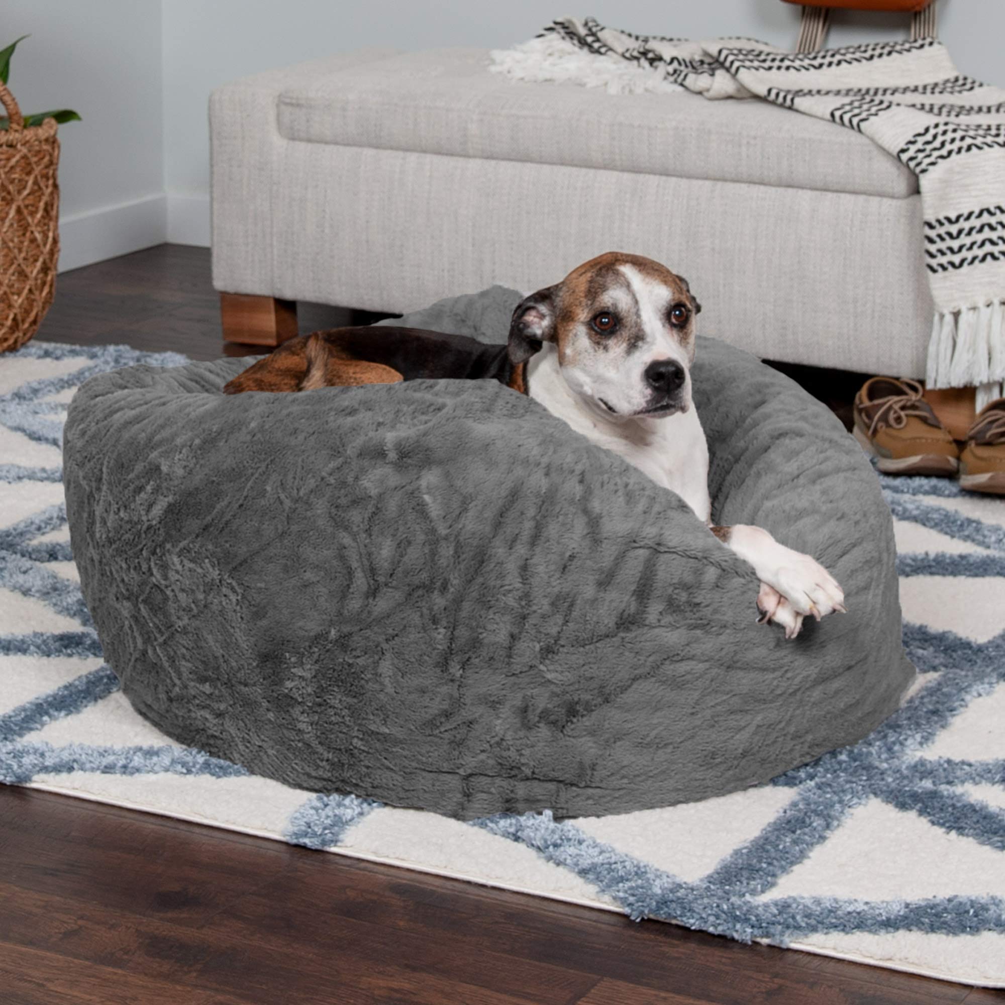 Furhaven Soft & Cozy Dog Bed for Large/Medium Dogs, Refillable w/ Removable Washable Cover & Liner, Up to 55 lbs - Plush Faux Fu