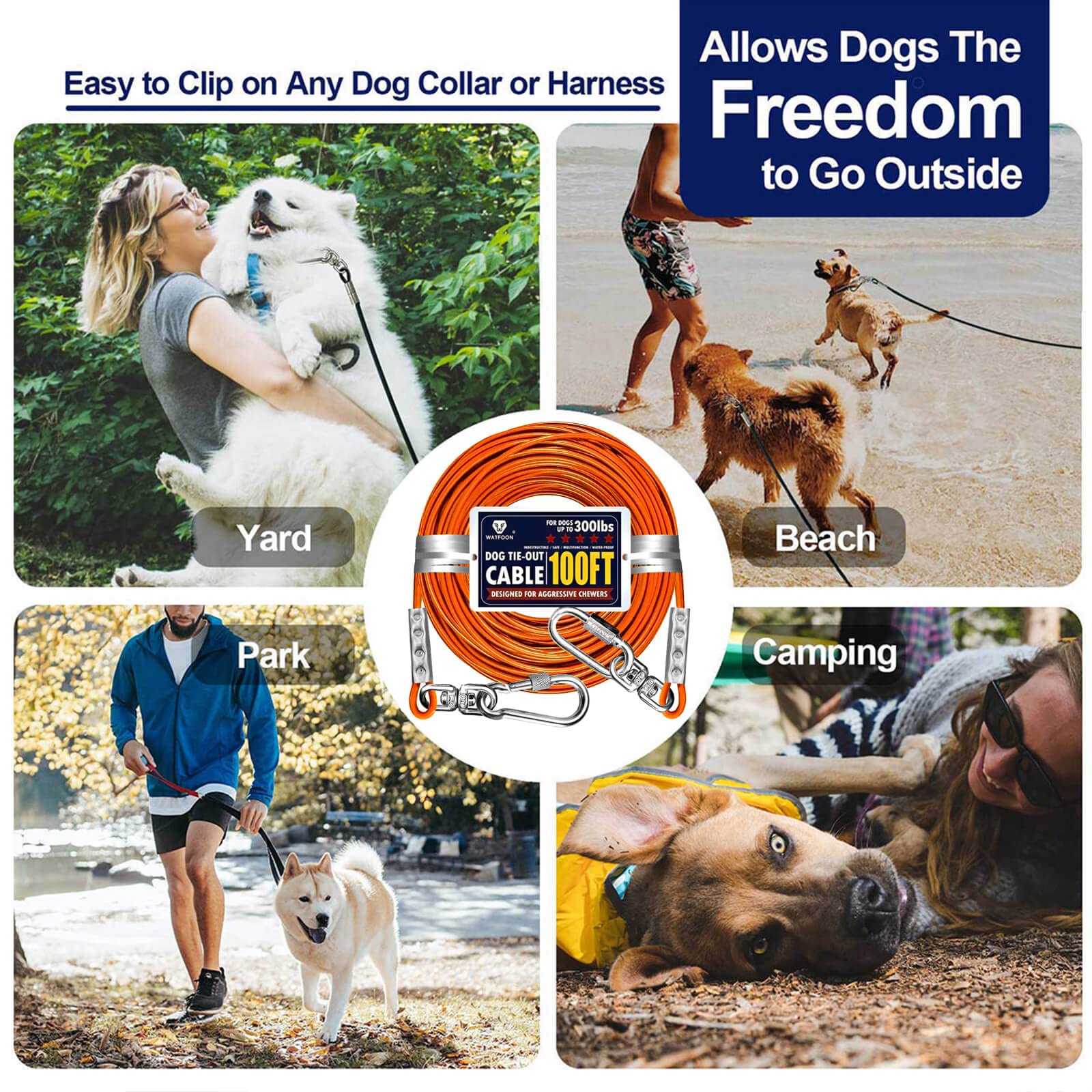 Extra Strong 100 Foot Tie Out Cable For Large Dogs Up To 300 Lbs,1000+Pound Break Strength Tieout Tether Trolley Training Lead,Dog Run Cable For Yard Garden Park Camping Outside (Orange/100Ft)