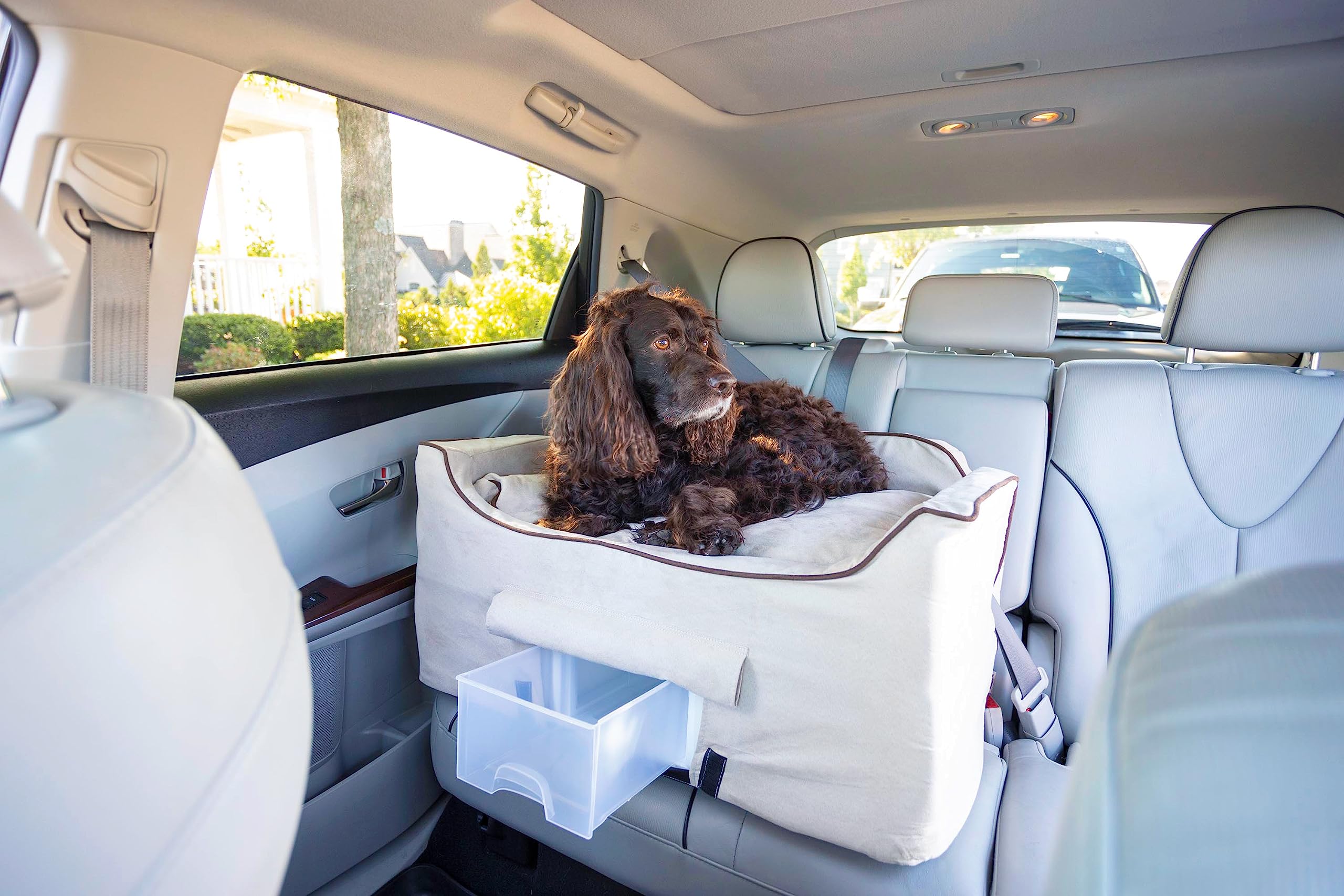 Snoozer Dog Car Seat With Storage Tray: Lookout Ii Dog Booster Car Seat Medium Sized Dog, Pet Car Seat To Help Car Sickness For Dogs, Included Harness Strap, Buckskin Removable Washable Cover