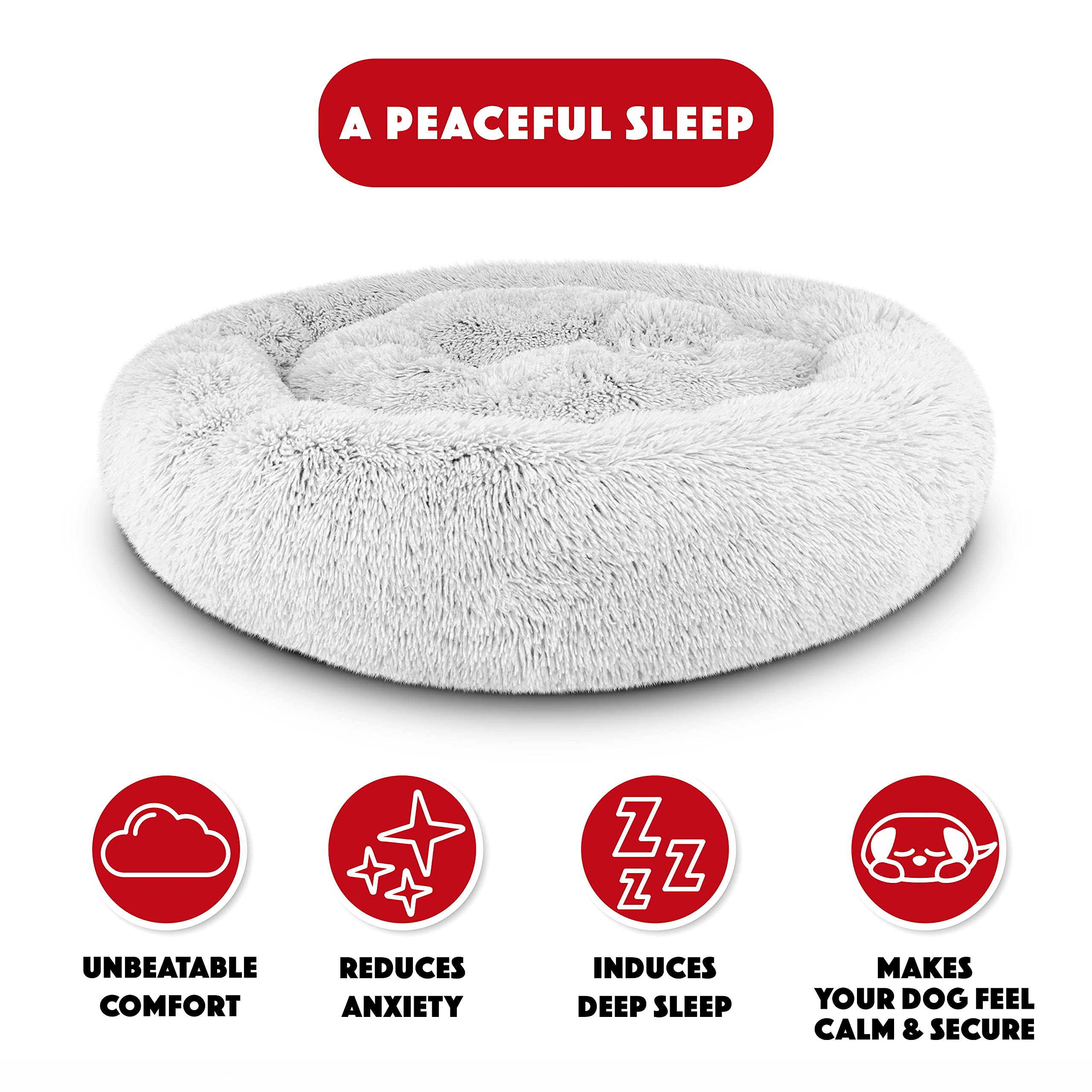 The Dogs Bed Donut Large Dog Bed, Sound Sleep, Ice White Fur Calming Nest Bed, Veterinary Approved