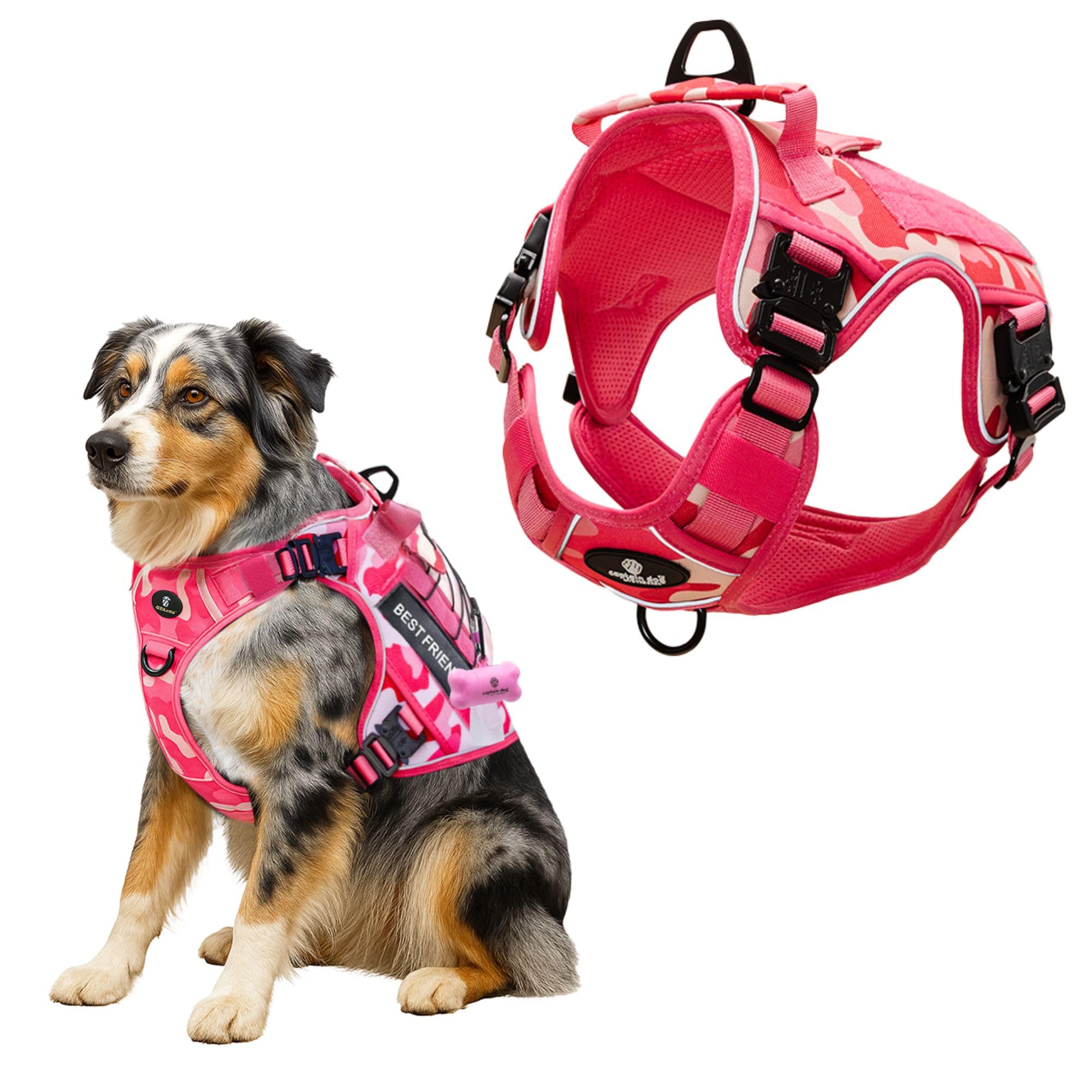 Pink No Pull Harness Vest For Medium Sized Dog With 4 Metal Buckles & Double Stitching Captain Dog - Reflective Pink Camo, Heavy