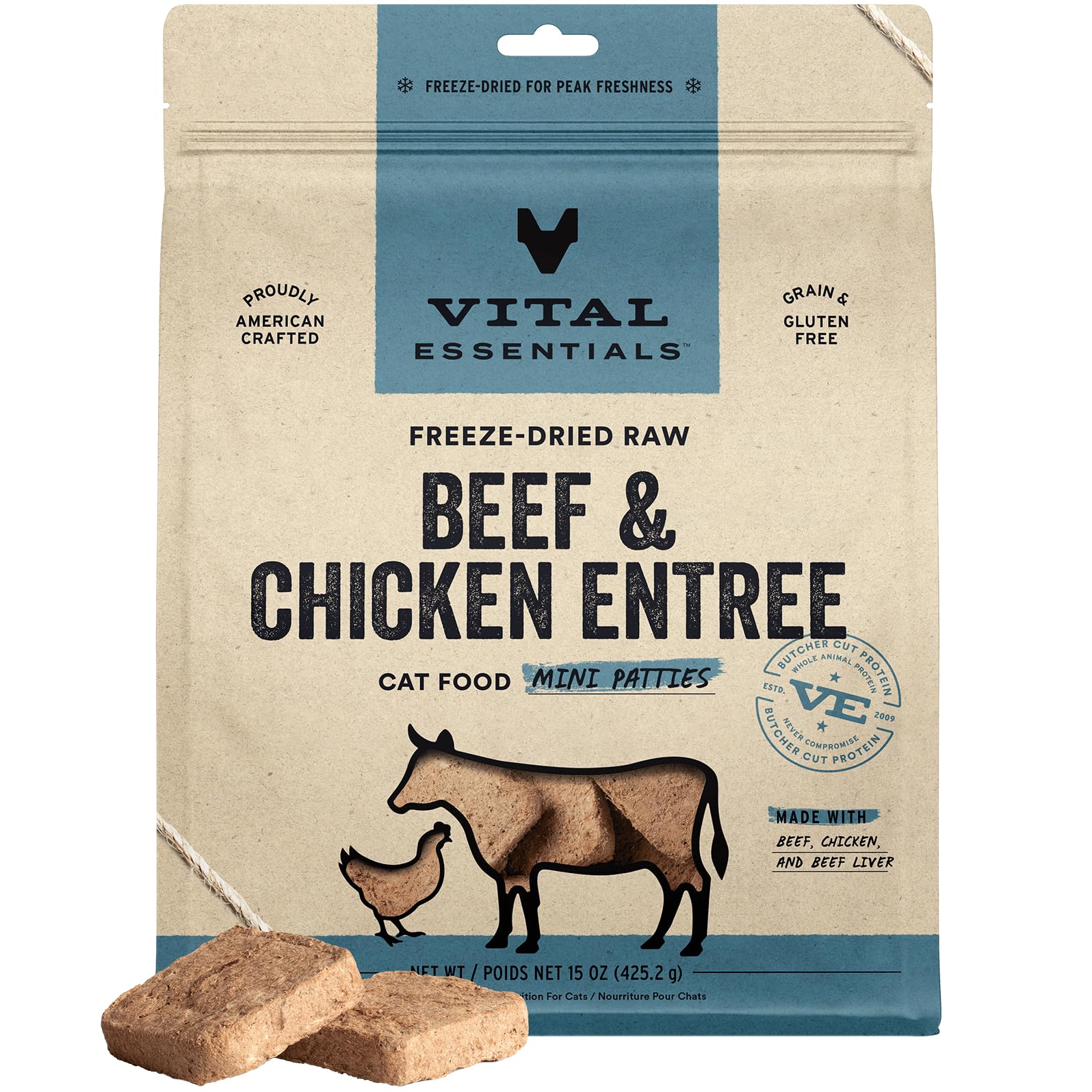 Vital Essentials Freeze Dried Raw Cat Food, Beef & Chicken Mini Patties Entree, 15 oz