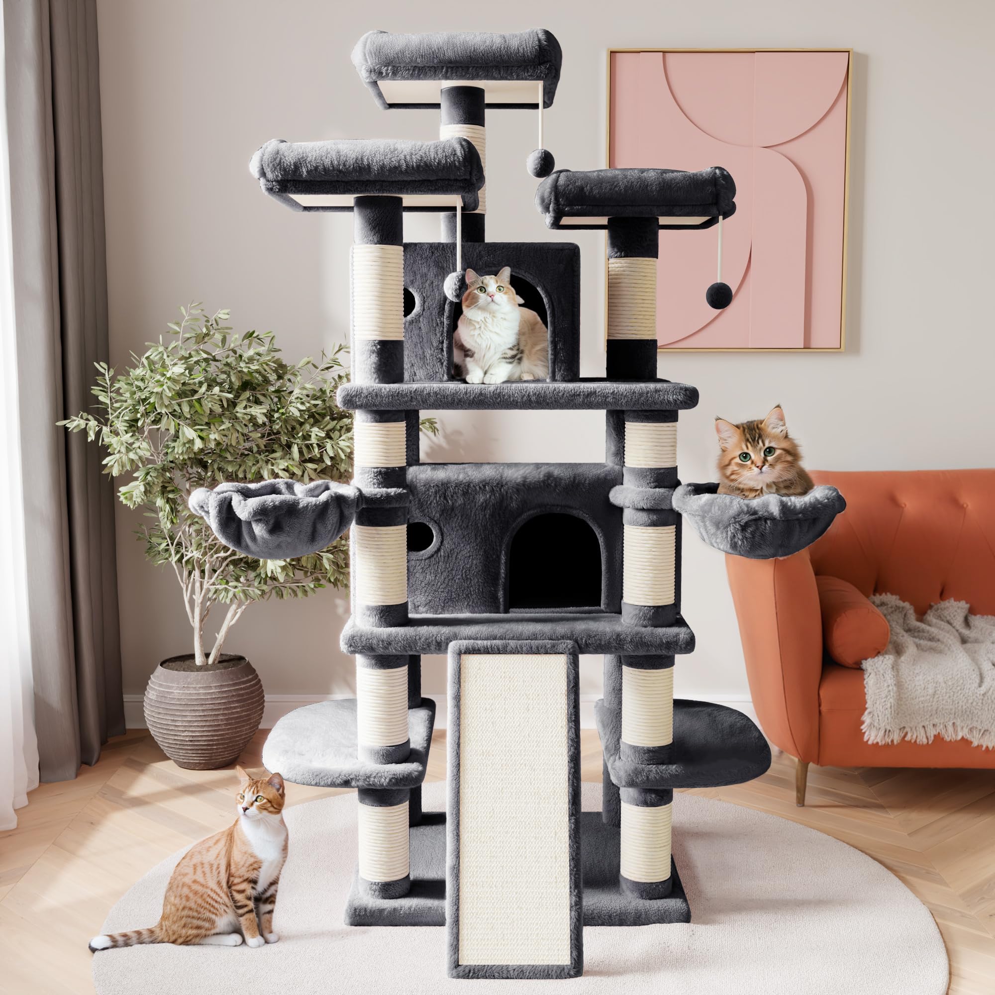 Sha Cerlin 68 Inches Multi-Level Large Cat Tree For Large Cats/Big Cat Tower With Cat Condo/Cozy Plush Cat Perches/Sisal Scratching Posts And Hammocks/Cat Activity Center, Dark Grey