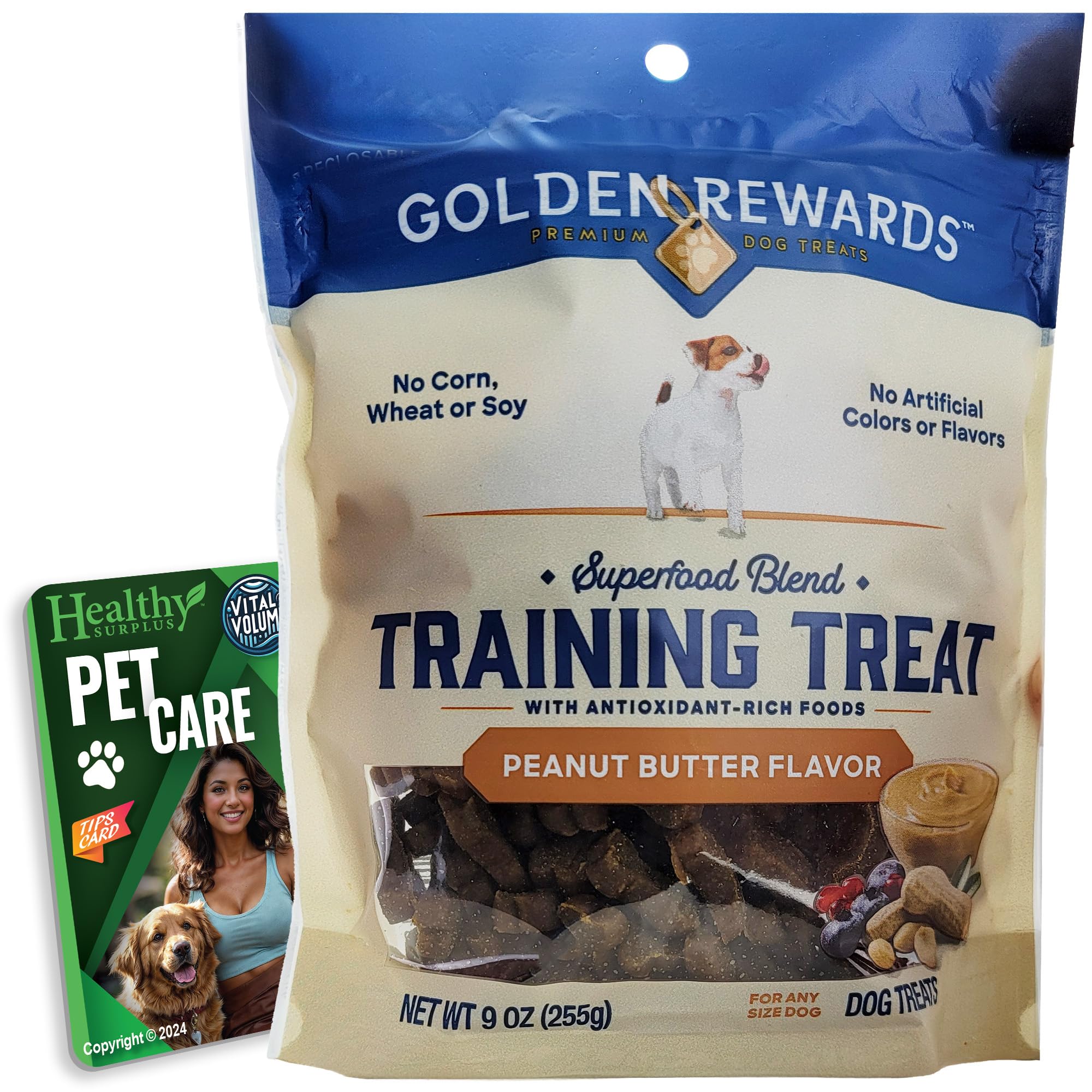 Healthy Surplus Golden Rewards Training Treats - 9 OZ (255g) Peanut Butter Flavor and Vital Volumes Pet Care Tips Card