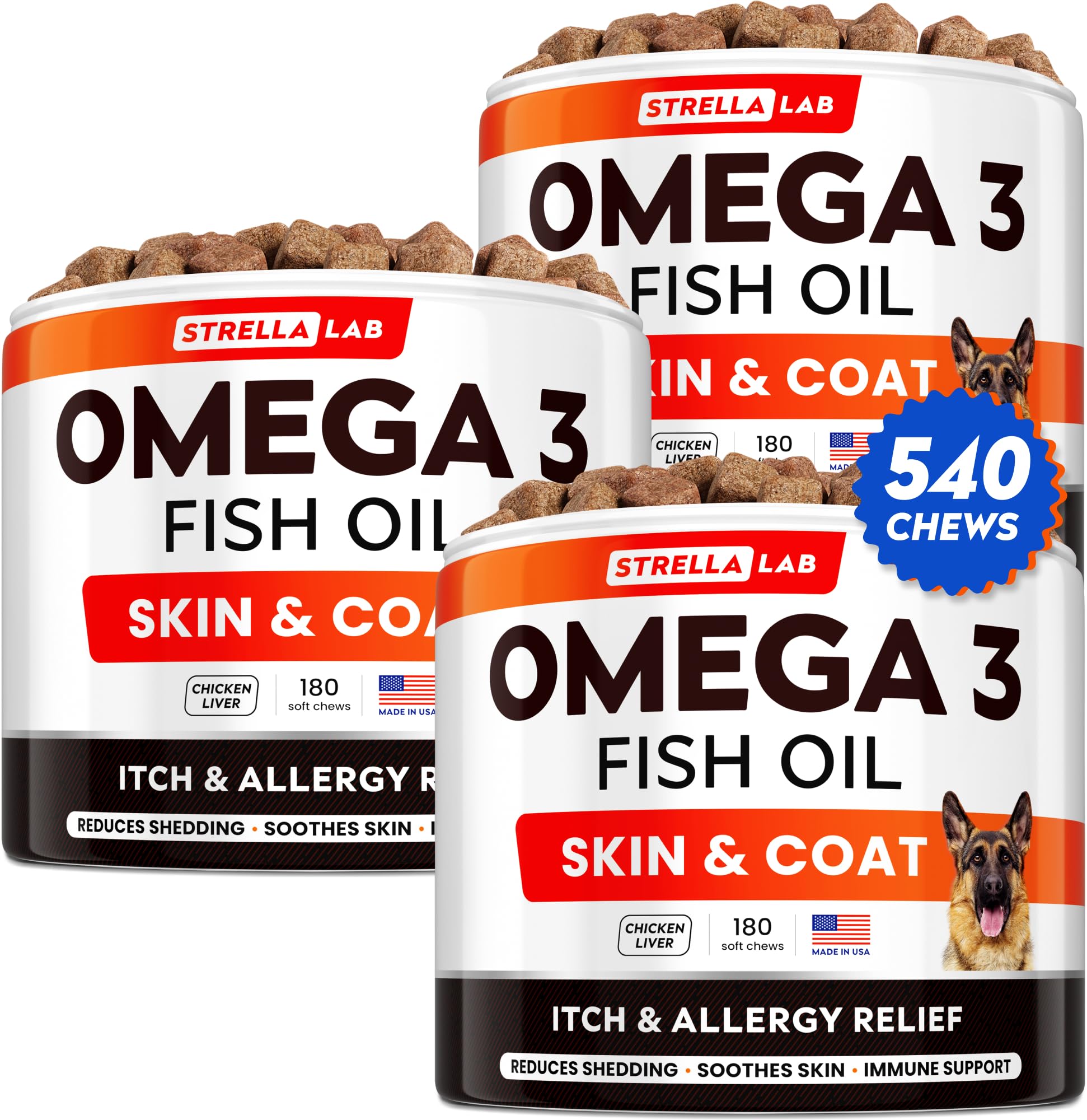 StrellaLab Omega 3 for Dogs - (540Ct) Fish Oil Treats - Allergy & Itch Relief Skin & Coat Supplement - Dry Itchy Skin, Anti Shed
