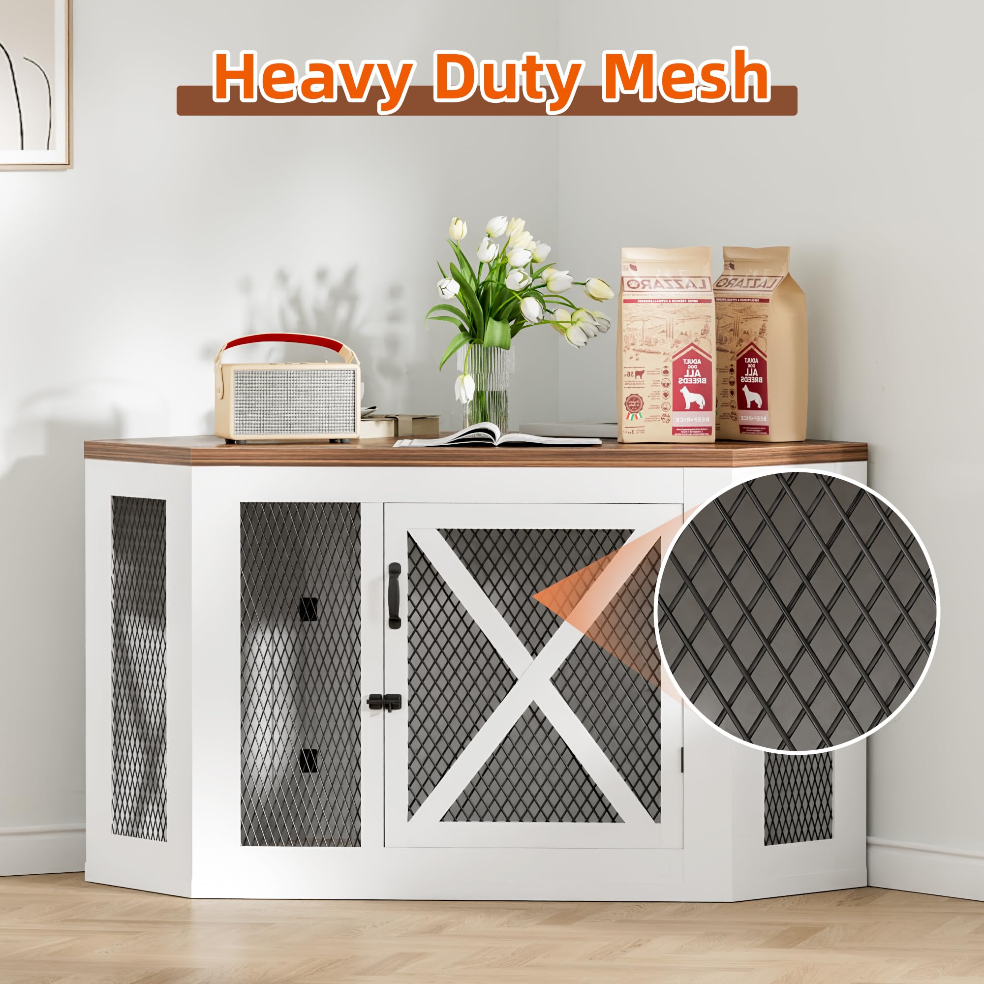 Xilingol Wooden Dog Crate Furniture, Decorative End Table with Mesh, 26.3" x 44.5" x 23.4" for Small to Large Dogs, Indoor Use