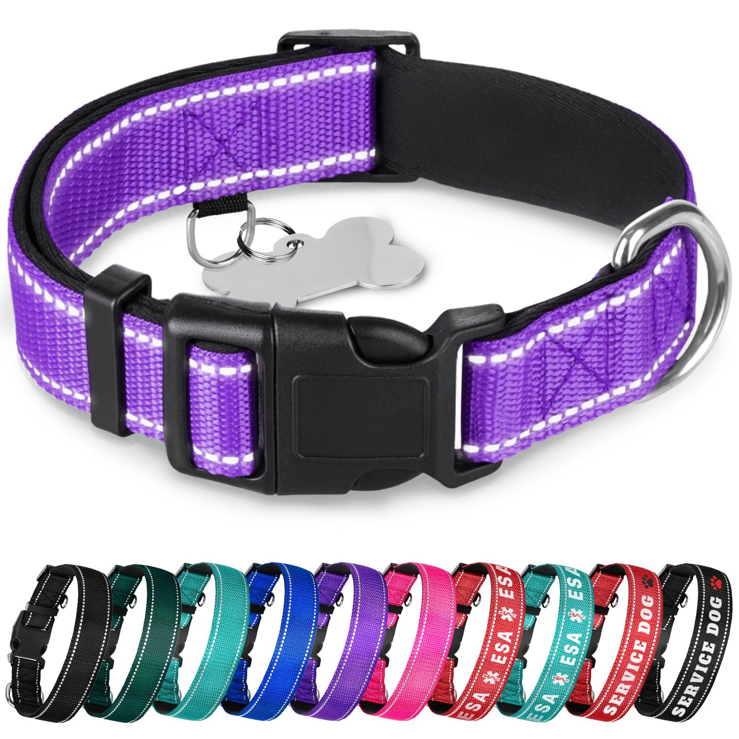 Teceum Reflective Pet Collar - Purple - L - Extra Soft Padding - Basic Nylon Dog Collar - Quick Release Buckle - Fits Small, Med