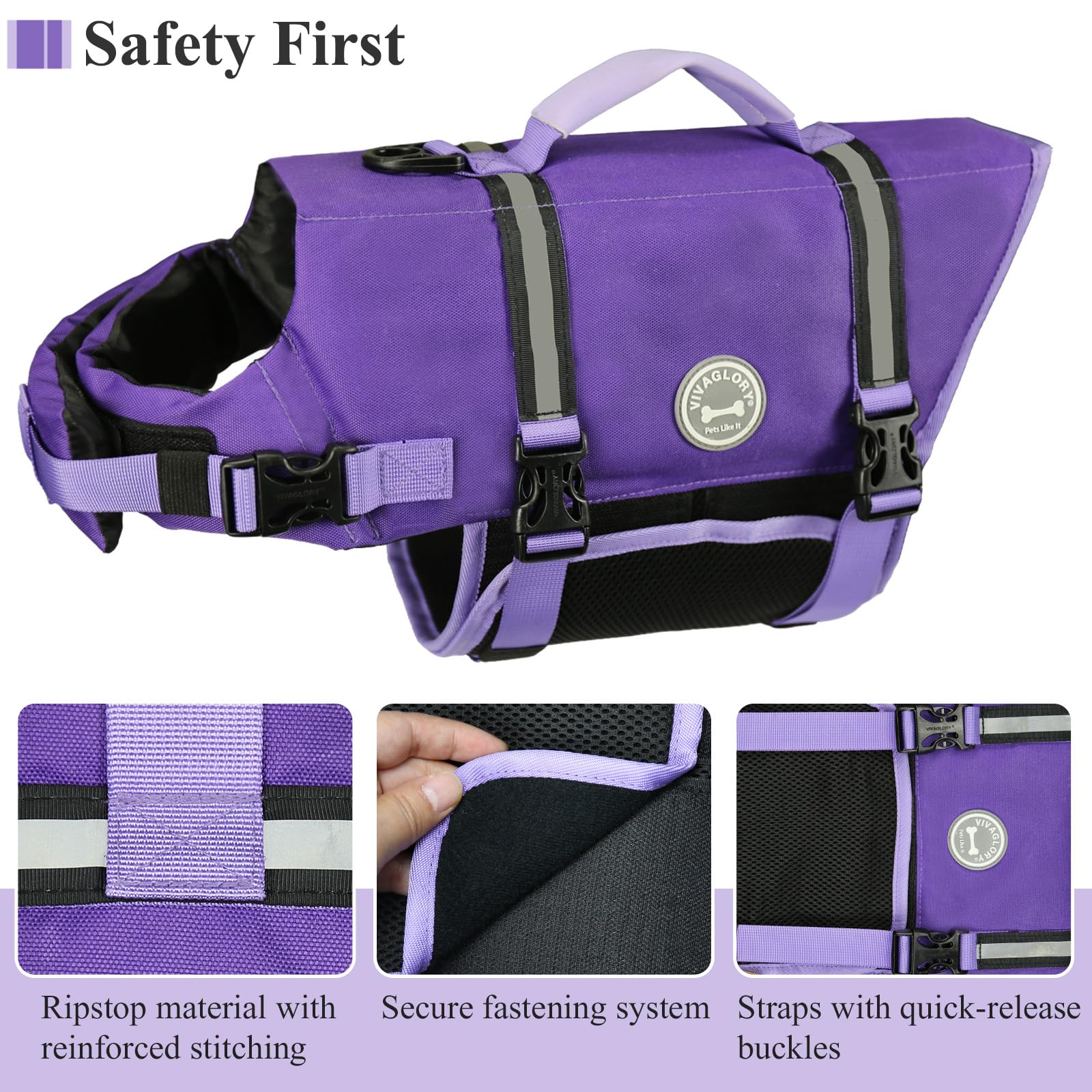 Vivaglory Ripstop Dog Life Jacket For Small Medium Large Dogs Boating, Dog Swimming Vest With Enhanced Buoyancy & Visibility, Pu