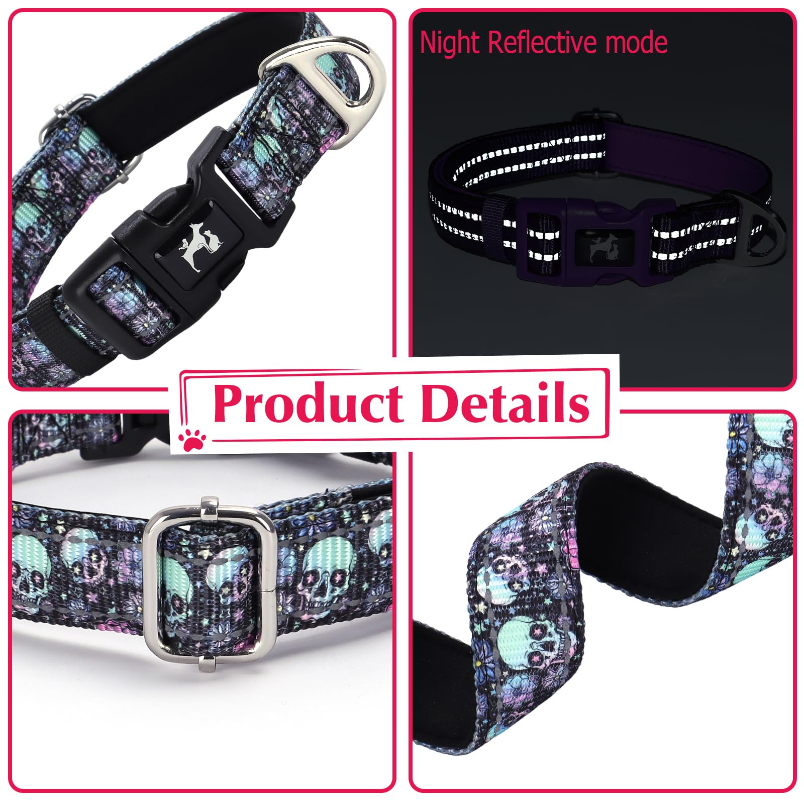 Onefojojo Reflective Dog Collar With Skull Patterns, Boy & Male Dog Collar, Adjustable Safety Nylon Collars For For Medium Large