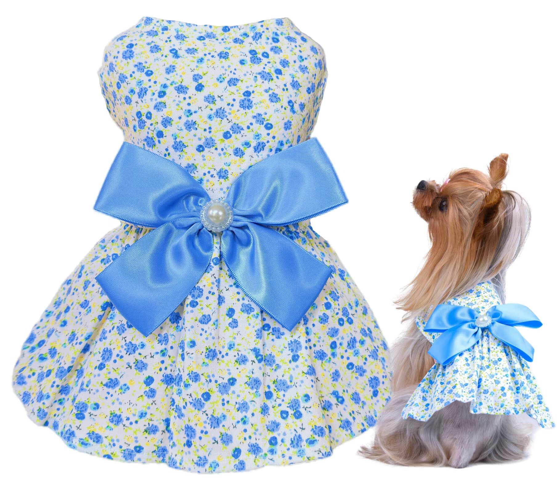 Msnfoasm Floral Print Dog Dress With Satin Bow And Pearl For Small Dogs Girl,Cat Apparel,Blue, Xx-Small