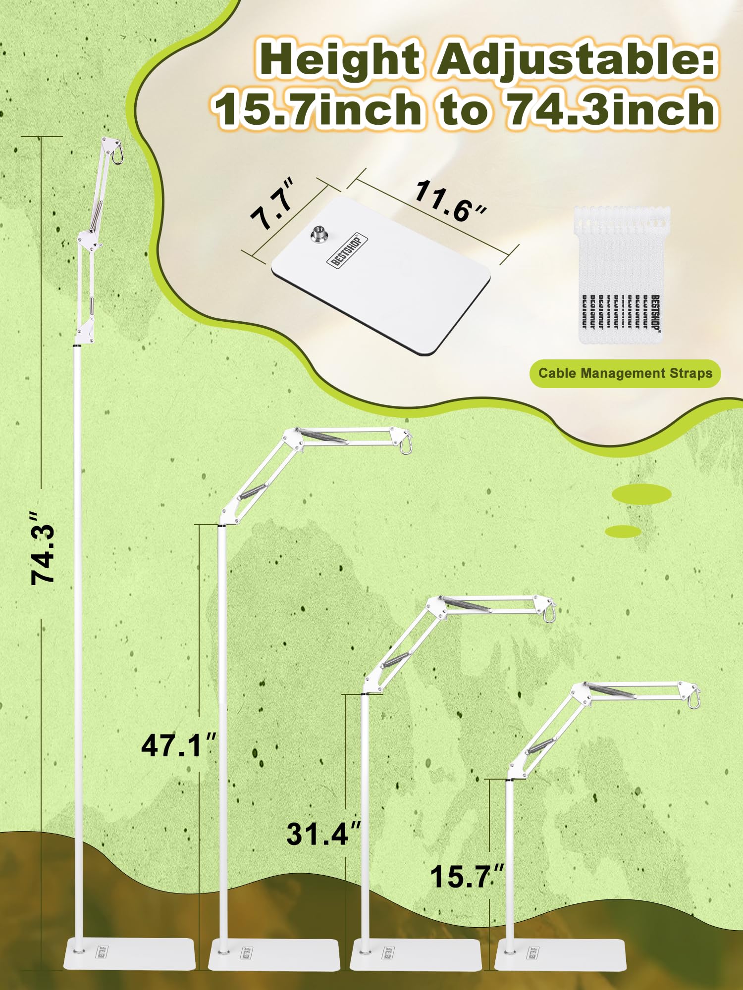 Bestshop Reptile Lamp Stand, Heat Lamp Stand (15.7 To 74.3 Inch) With Adjustable 360 Swing Arm For Terrarium, Reptile Heat Lamp