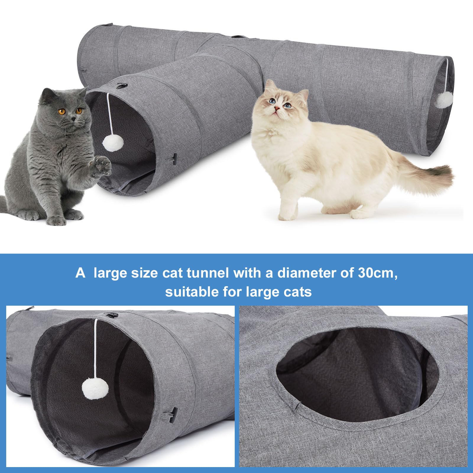 Ownpets Cat Tunnel, Extra Large 3 Way Collapsible Kitty Tunnel Cat Tube With Plush Ball & Feather Toy, Cat Play Tunnel For Large Cat, Kitten, Puppy, Rabbit(12 Inches In Diameter)