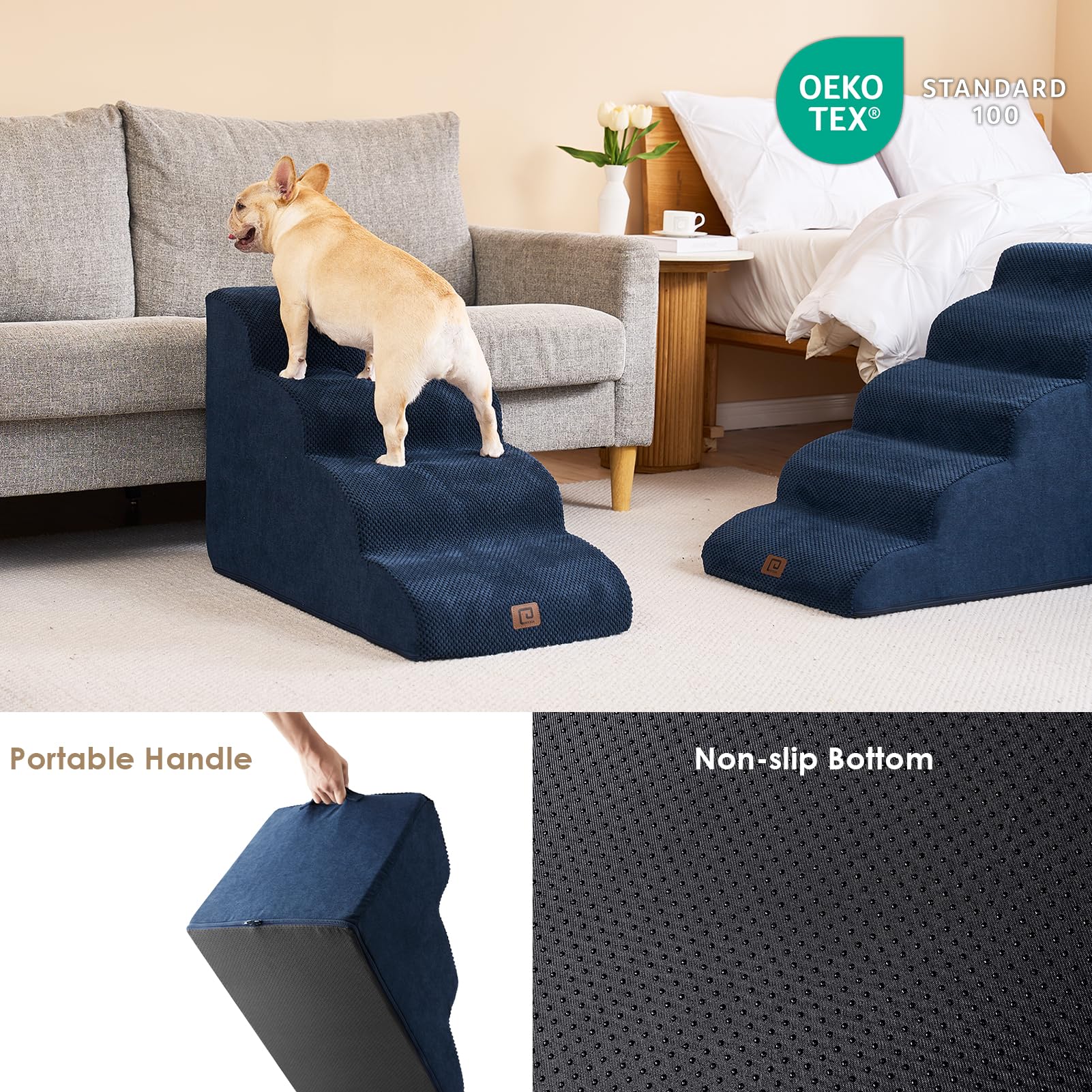 Eheyciga Curved Dog Stairs Ramp For High Beds 19.7' H, 4-Step Dog Steps For Small Dogs And Cats, Pet Stairs For High Bed Climbing, Non-Slip Balanced Pet Step Indoor, Navy