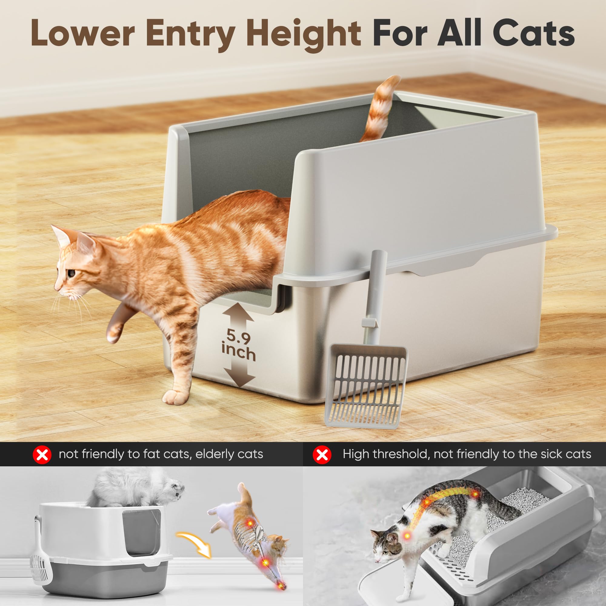 16'' High Sides Stainless Steel Litter Box With Lid, Xl Xxl Extra Large Enclosed Metal Litter Box For Big Cats & Kitty, Never Ab