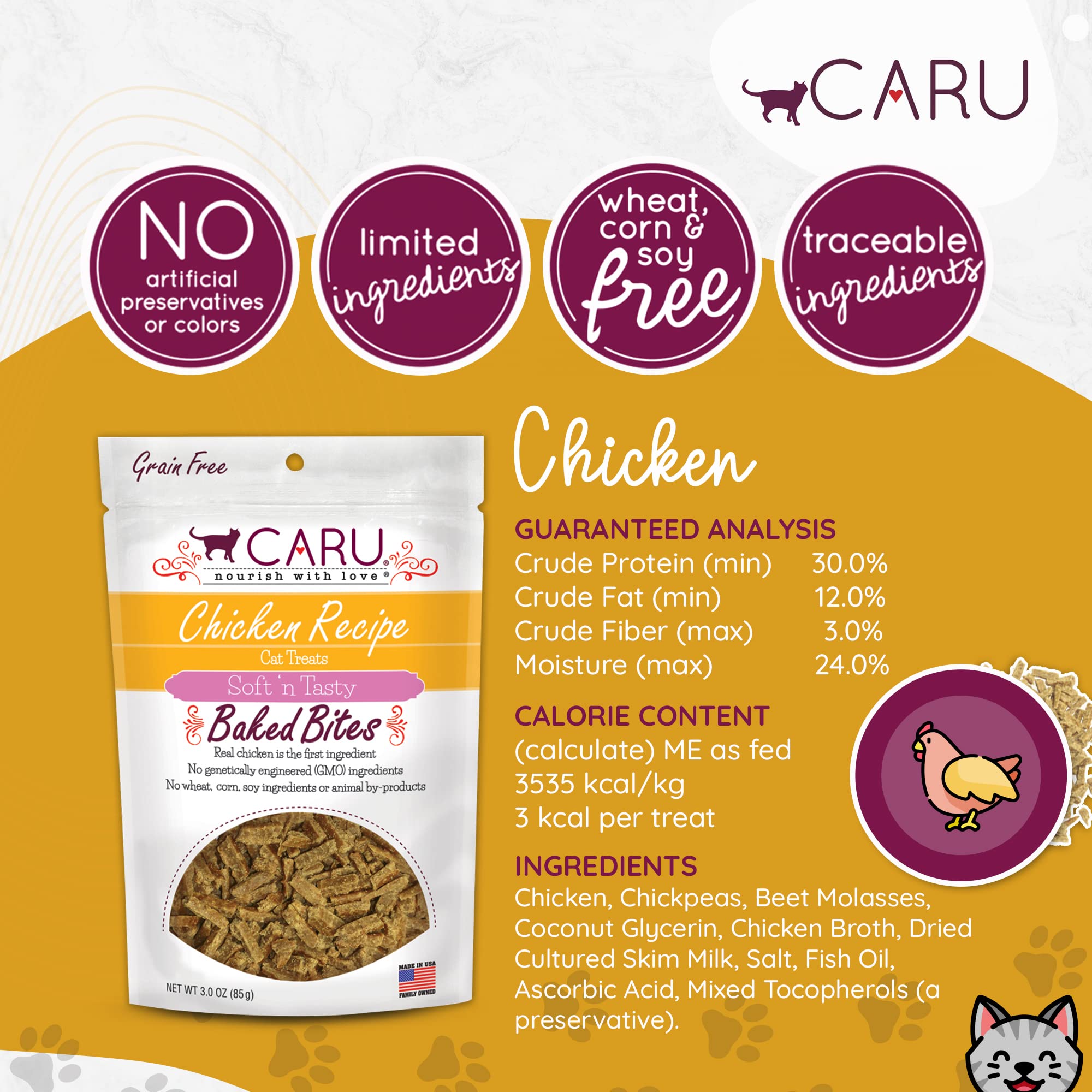 CARU - Soft n Tasty Baked Bites - Chicken Bites Cat Treats - Flavorful All-Natural Treats - 3 oz.