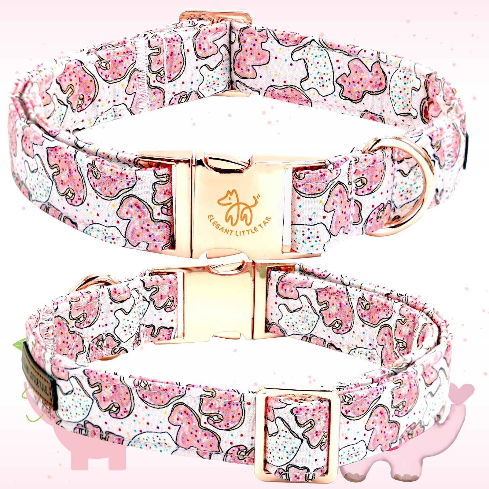Elegant Little Tail Pink Elephant Cookies Print Cotton Soft Durable Adjustable Dog Collar With Bow For Large Dogs