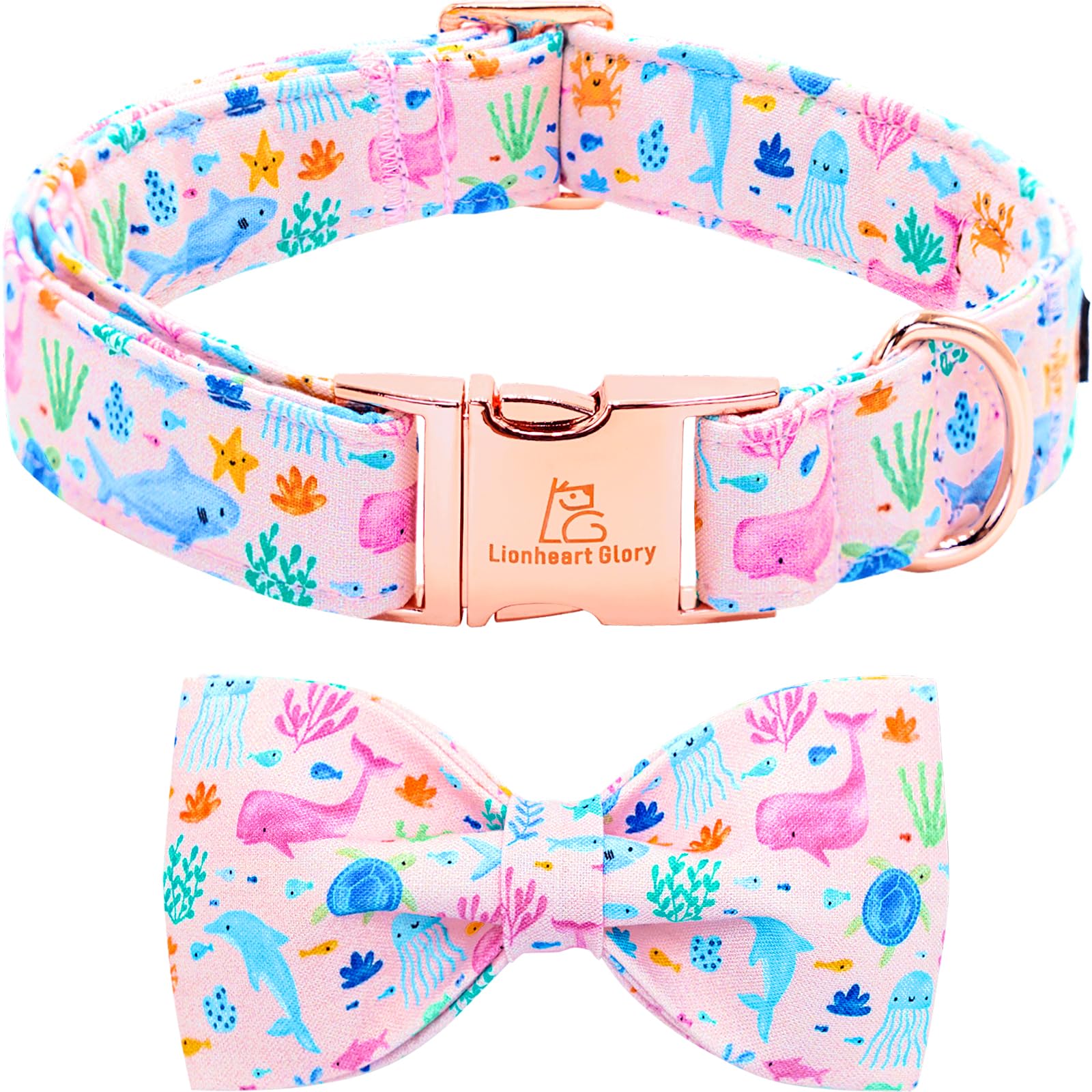 Lionheart Glory Dog Bow Collar Sea Animals Print Pink Dog Collar For X-Large Dogs,Female Male Dog Collars With Bowtie Spring Sum