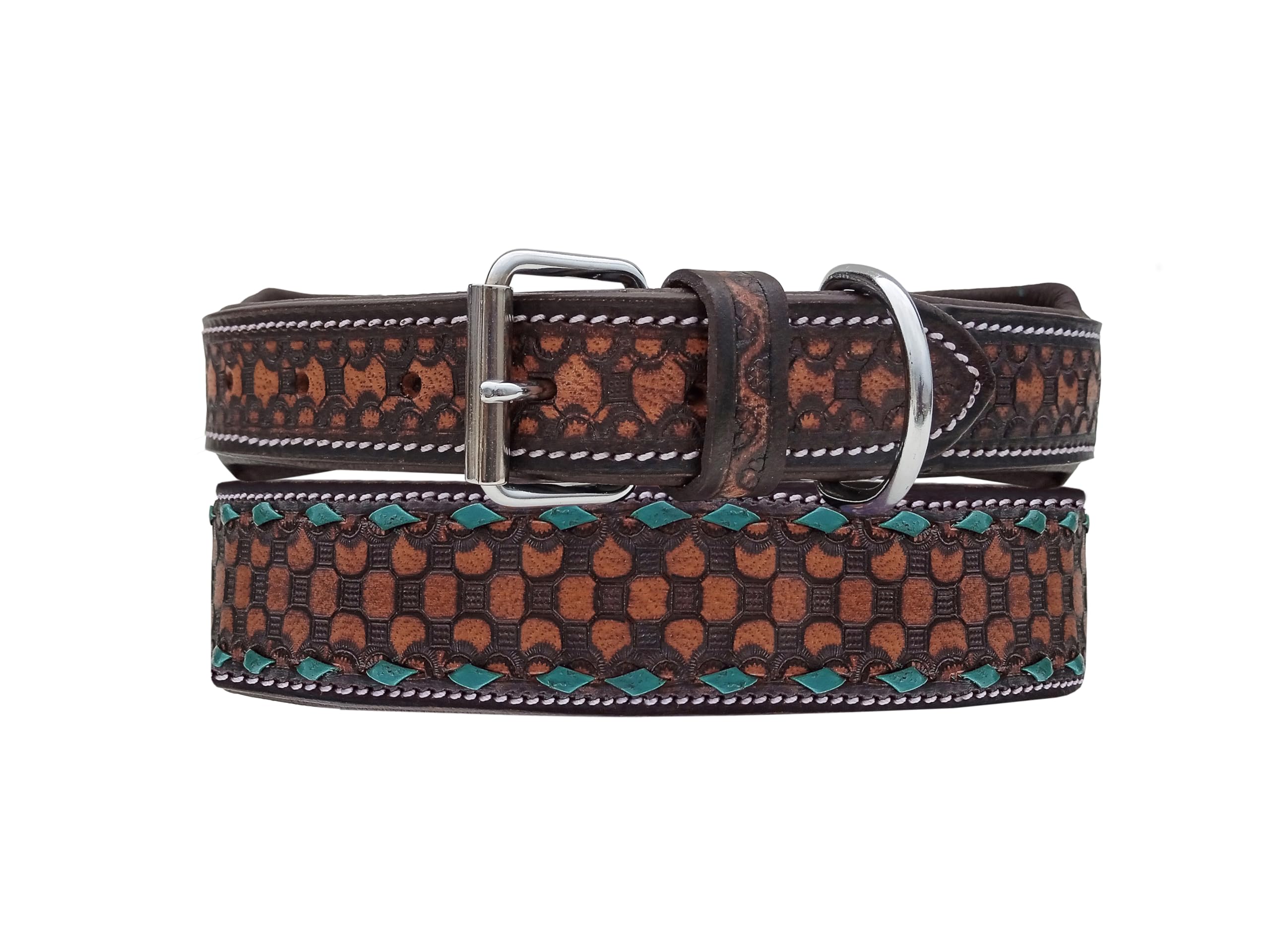 Leather Dog Collar Medium Size Western Style Heavy Duty Hand Tooled Adjustable Padded Soft For Small Puppies And Big Dogs 10Ab14