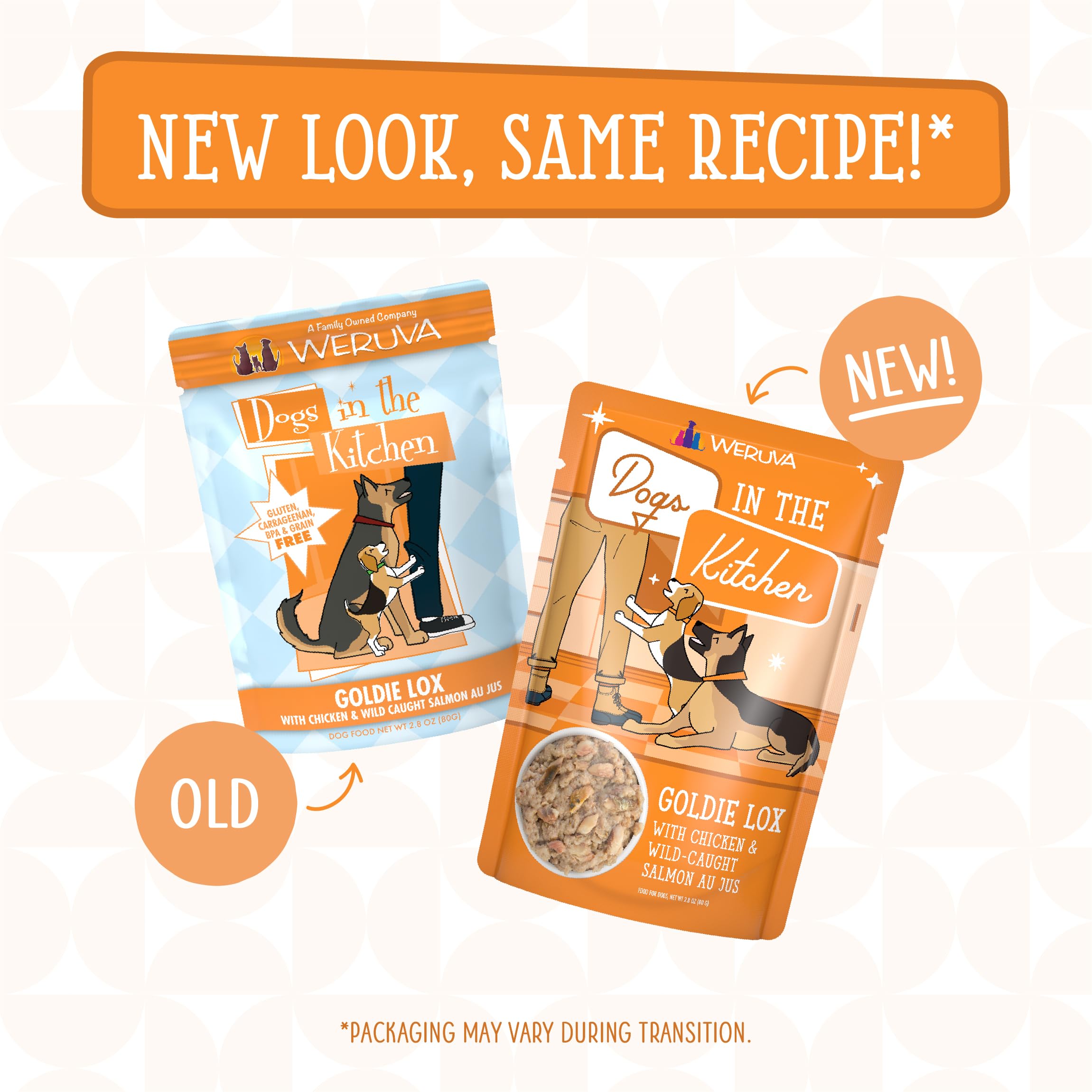 Weruva Dogs in The Kitchen, Goldie Lox with Chicken & Wild-Caught Salmon Wet Dog Food, 2.8oz Pouch (Pack of 12)