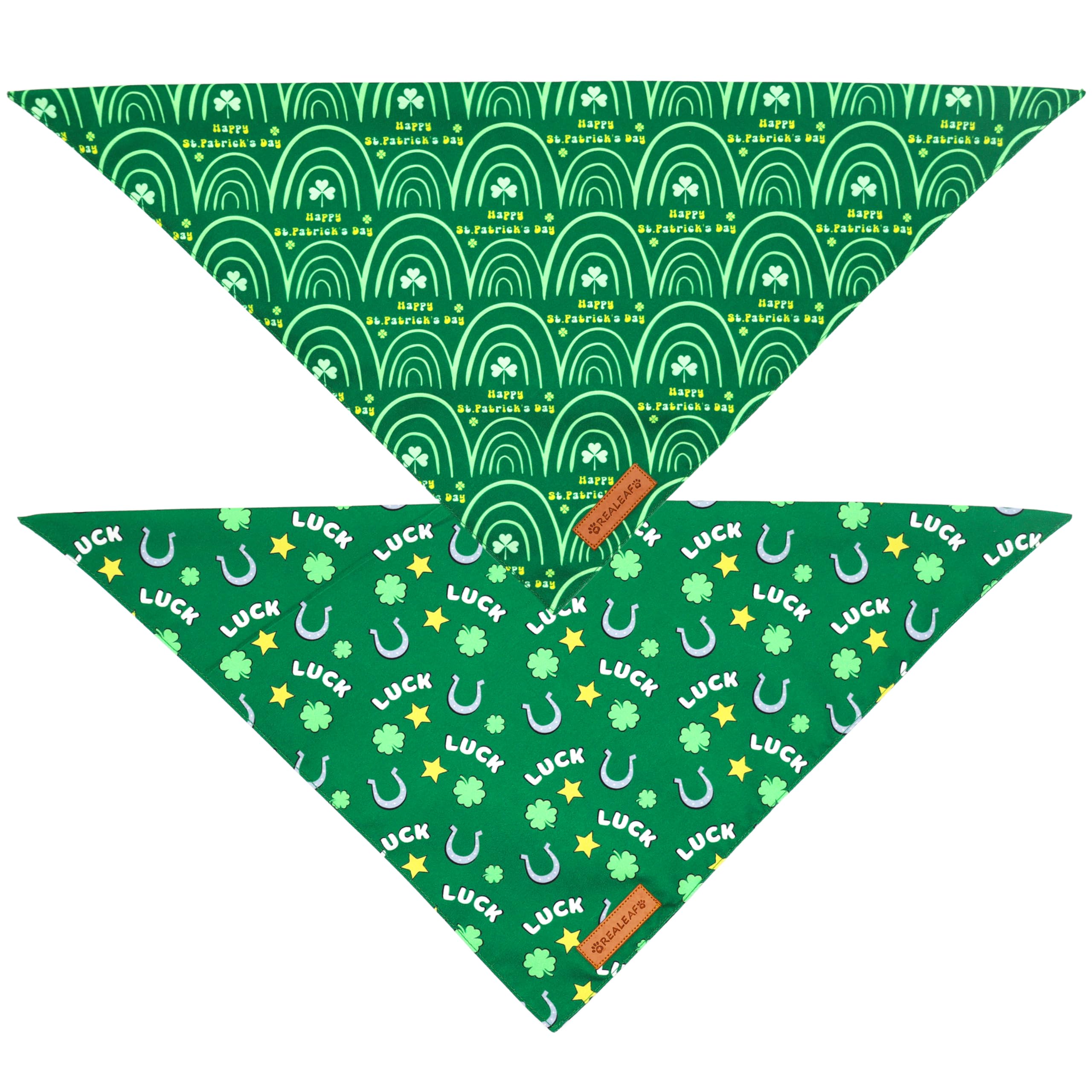 Realeaf St. Patrick'S Day Dog Bandanas 2 Pack, Reversible Green Dog Scarf For Boy And Girl, Premium Durable Fabric, Holiday Band