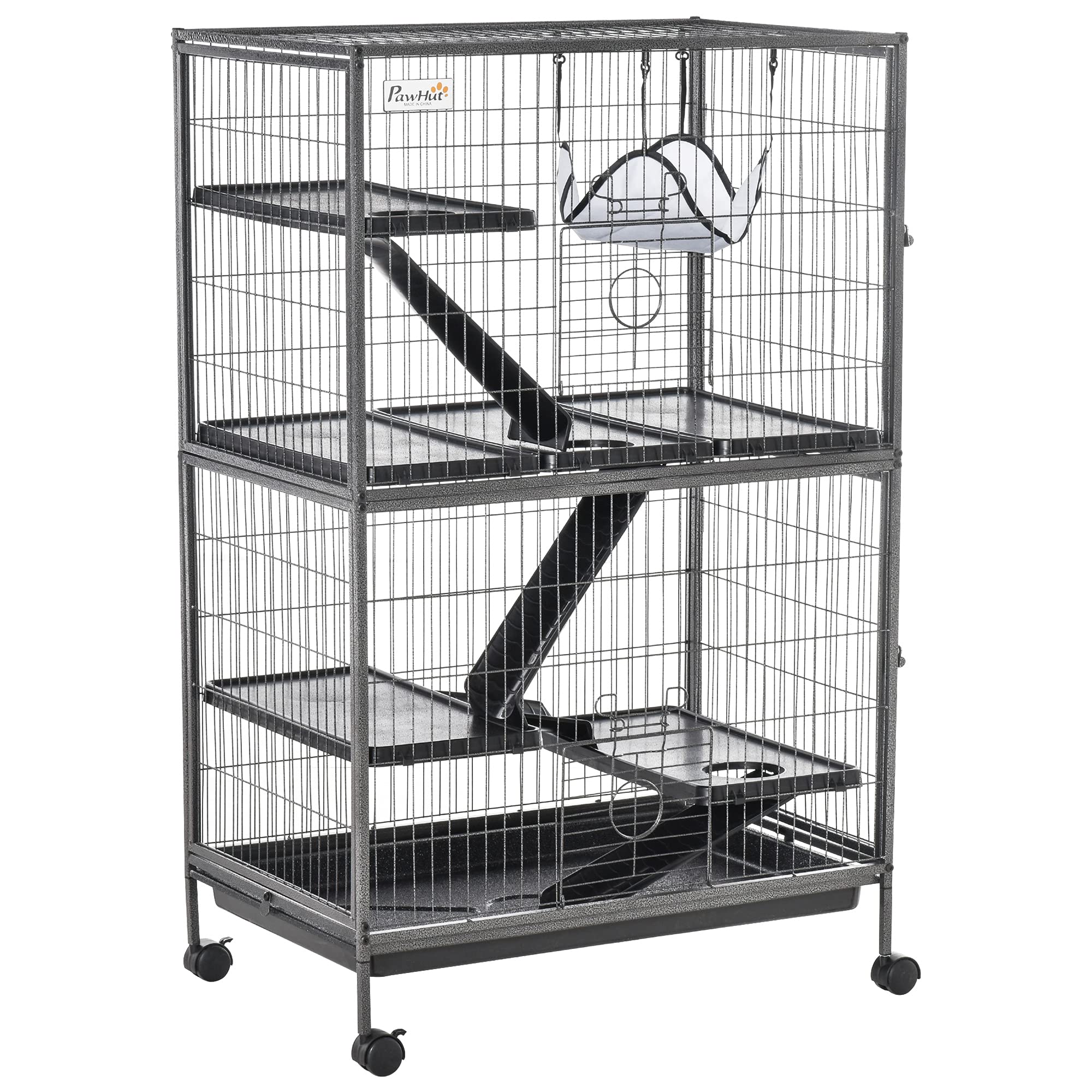 Pawhut 50' 5-Tier Small Animal Cage, Ferret Cage, Large Chinchilla Cage With Hammock Accessory & Heavy-Duty Steel Wire, Small Animal Habitat With 6 Doors, Removable Tray, Silver