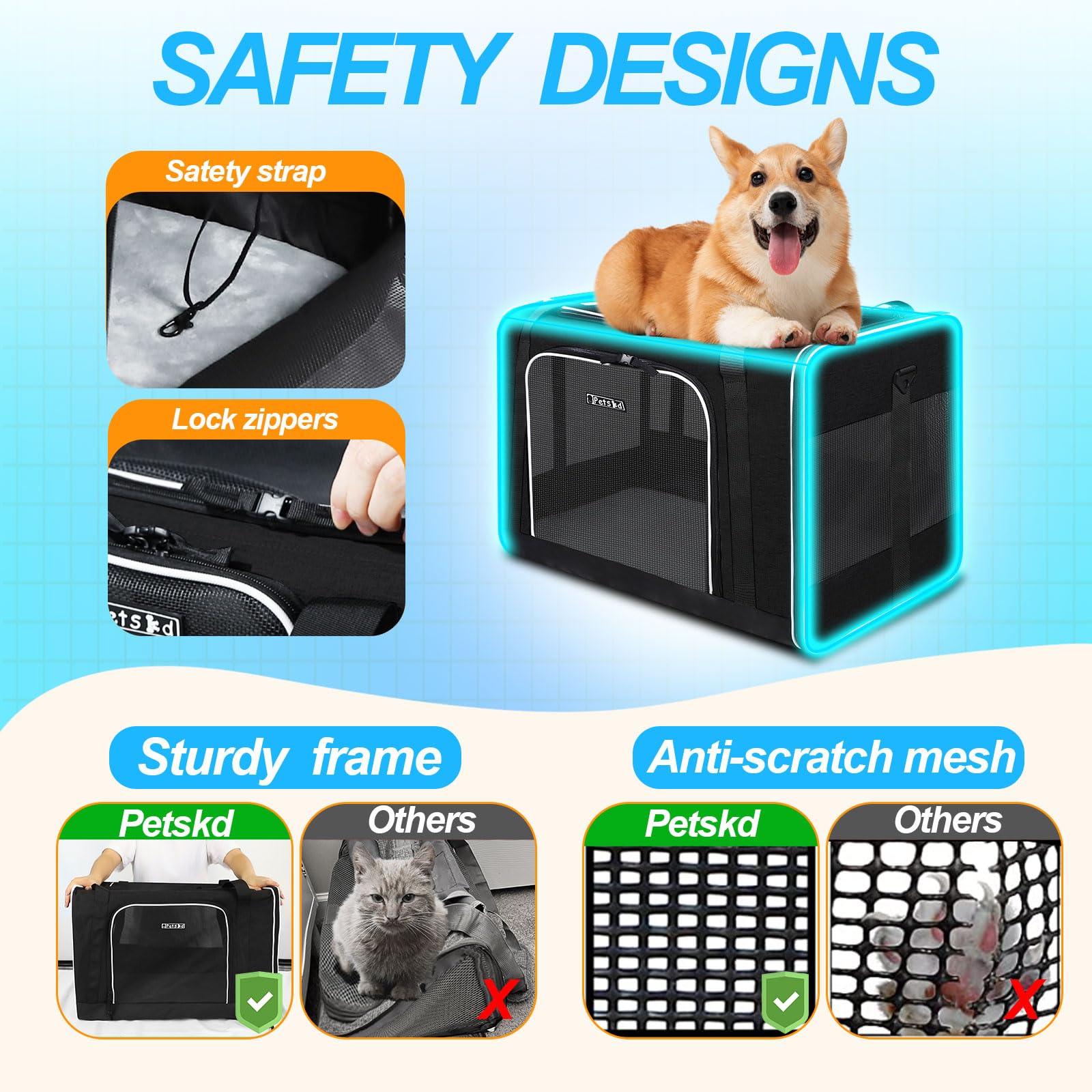 Petskd Extra Large Pet Carrier 24 x17 x17  for Large Cat or Medium Dog, Collapsible Soft Sided Dog cat Carrier for Long Trips wi