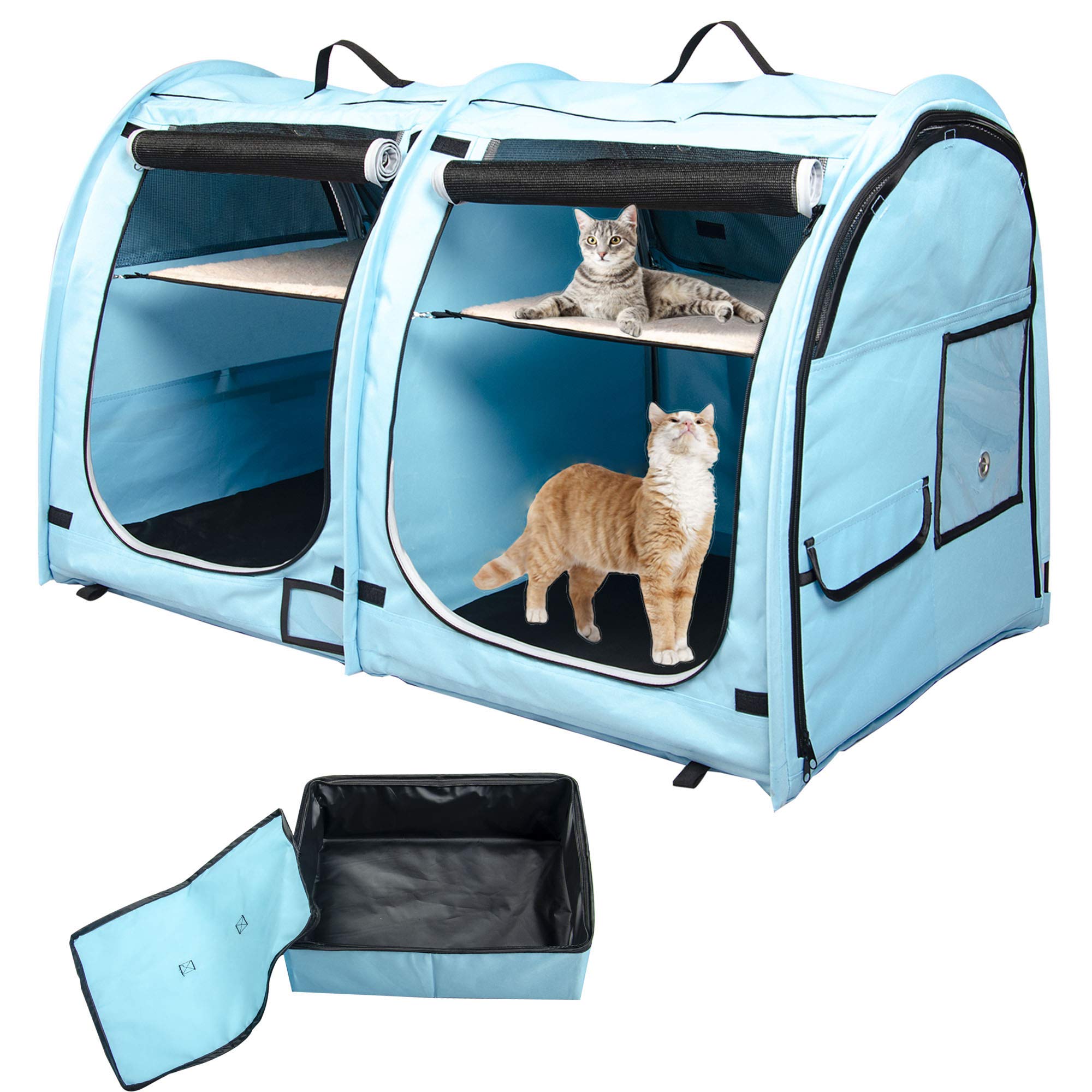 Mispace Portable Twin Compartment Show House Cat Cage/Condo - Easy To Fold & Carry Kennel - Comfy Puppy Home & Dog Travel Crate With Portable Carry Bag/Two Hammocks/Mats And Collapsible Litter Box