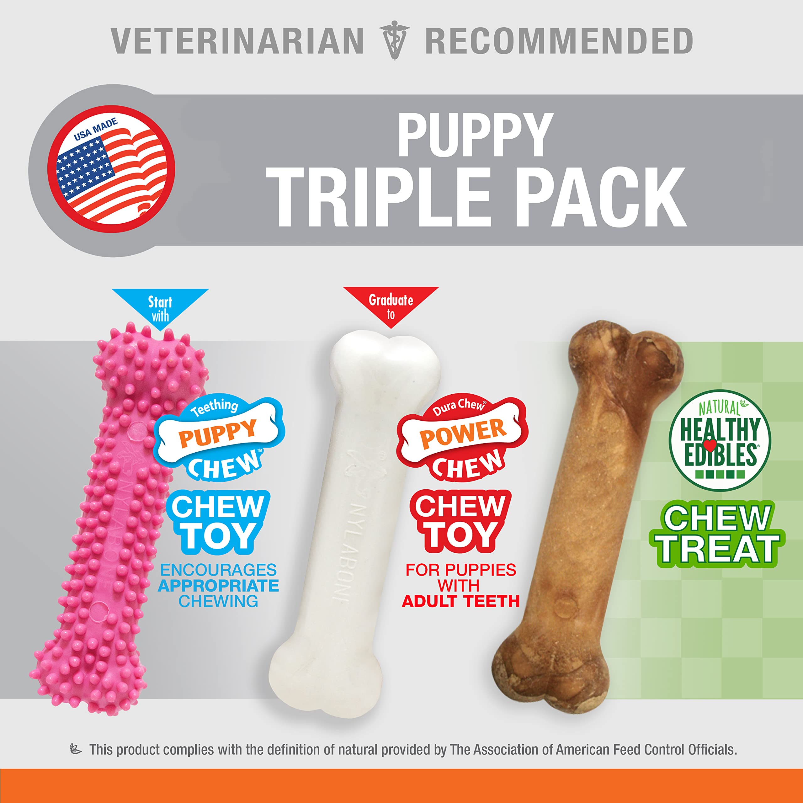 Nylabone Puppy Triple Pack - Pink Puppy Teething Toy, Nylon Dog Toy, & Chew Treat Variety Pack - Puppy Supplies - Chicken and Ba