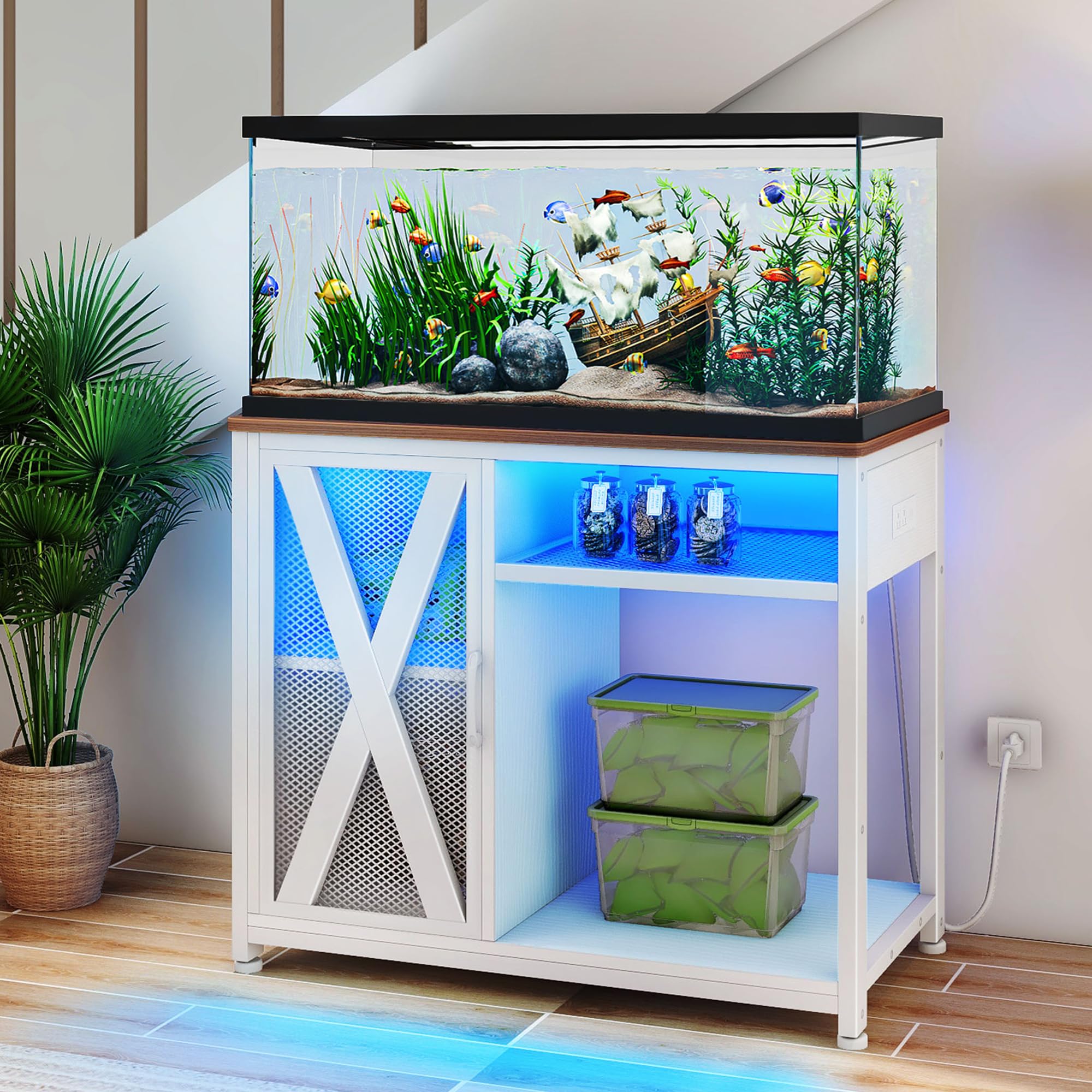 DWVO 40-50 Gallon Aquarium Stand with Power Outlets & LED Light, Cabinet for Fish Tank Accessories Storage - Metal Fish Tank Sta