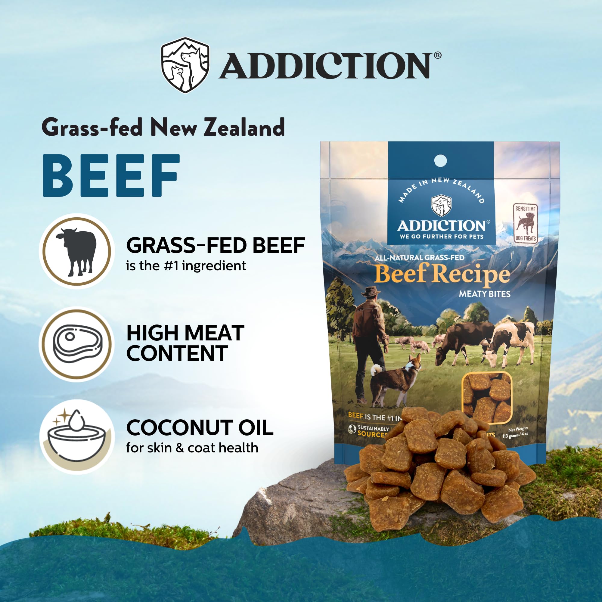 Addiction Meaty Bites Beef Recipe - Dog Treats - Crafted in New Zealand - High Meat Content - Grain and Gluten-Free - Soft and A
