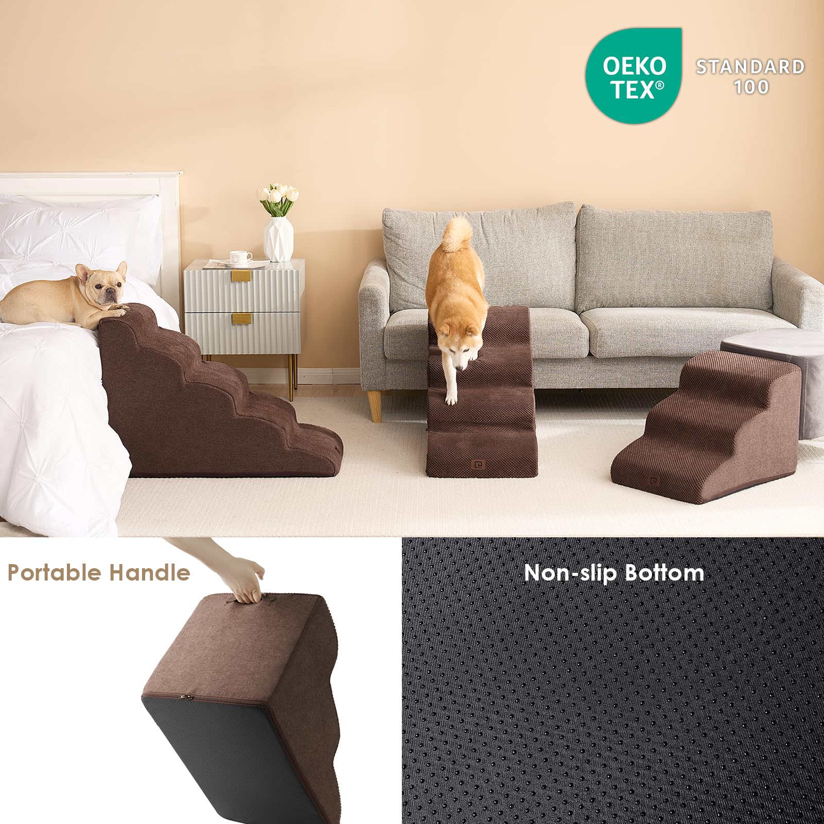 Eheyciga Curved Dog Stairs Ramp For High Beds 22.6' H, 5-Step Dog Steps For Small Dogs And Cats, Pet Stairs For High Bed Climbing, Non-Slip Balanced Pet Step Indoor, Brown