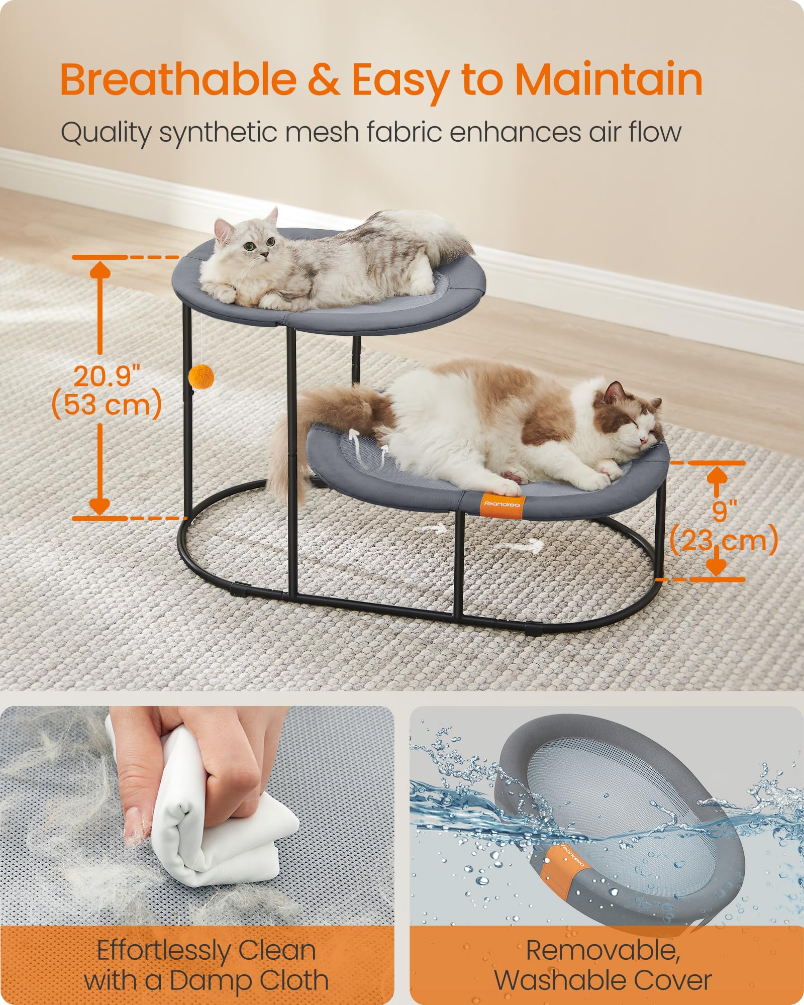 Feandrea 2-Tier Elevated Cat Hammock Bed, Breathable Furniture For Multi-Cat Households Indoor And Outdoor, With Removable Washa