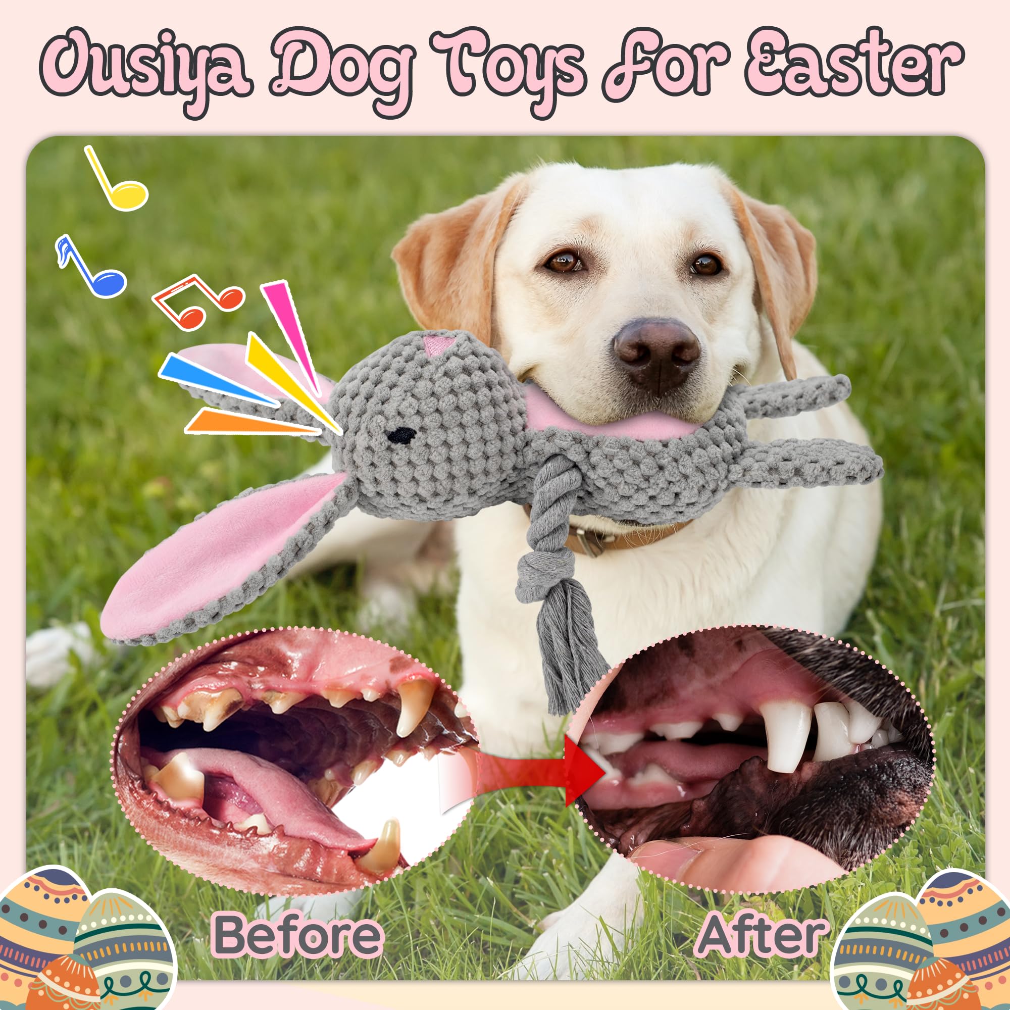 Ousiya 2 Pack Easter Dog Toys, Easter Squeaky Rabbit & Eggs Toys With Crinkle Pet Gifts For Puppy, Small, Medium, Large Dogs