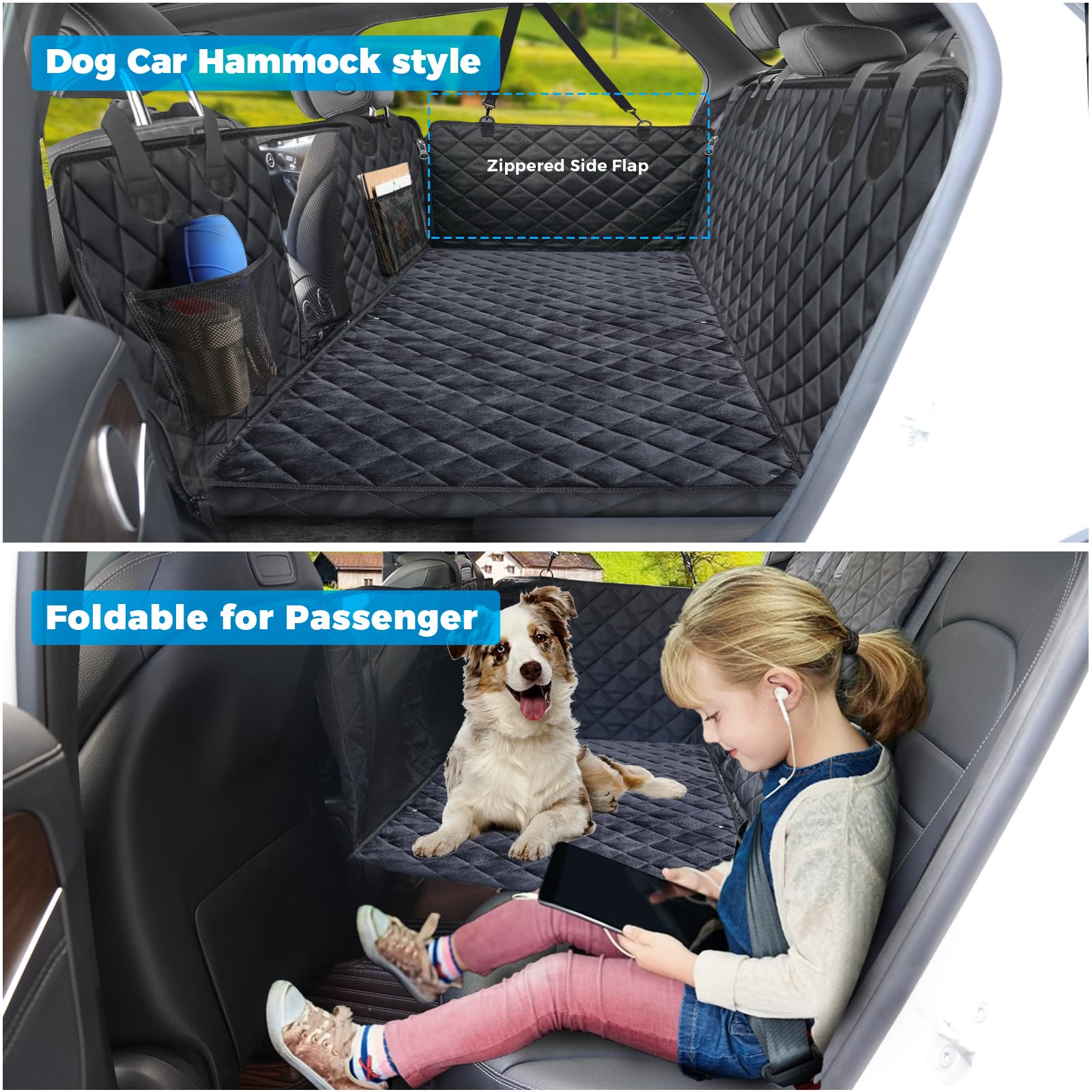 Urpower Back Seat Extender For Dogs, Hard Bottom Dog Car Seat Cover With Soft Removable Blanket Non-Slip Dog Car Bed Waterproof Dog Hammock For Car Pet Backseat Protector With Mesh Window For Car, Suv